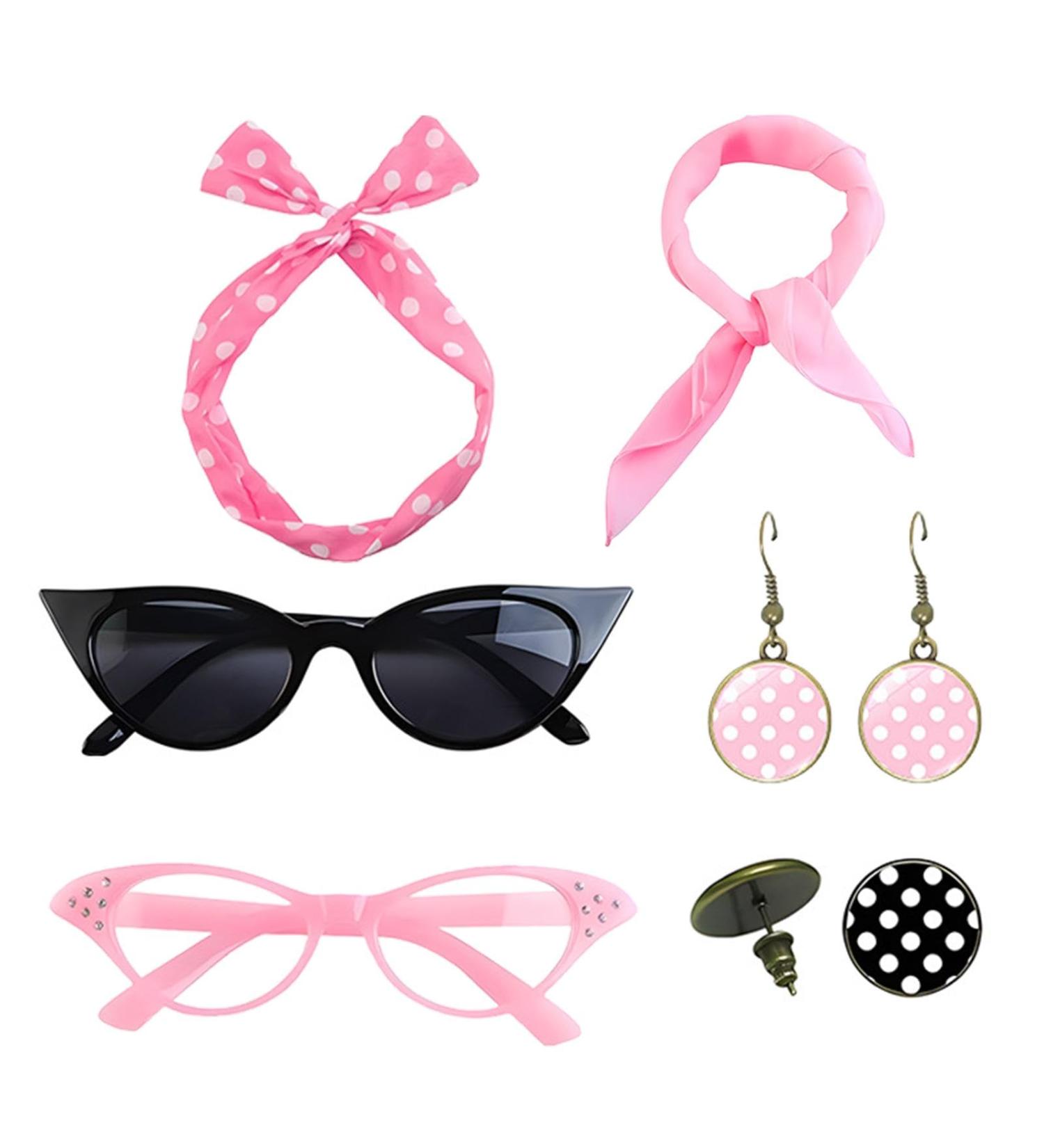 Dtaigou 50s Accessories for Women Headband Drop Earrings Set for 1950s Outfits Cat Eye Glasses with Vintage Polka Dot Hair Bands and Headband for Women Pink One Size - Buy Online on GoSupps.com