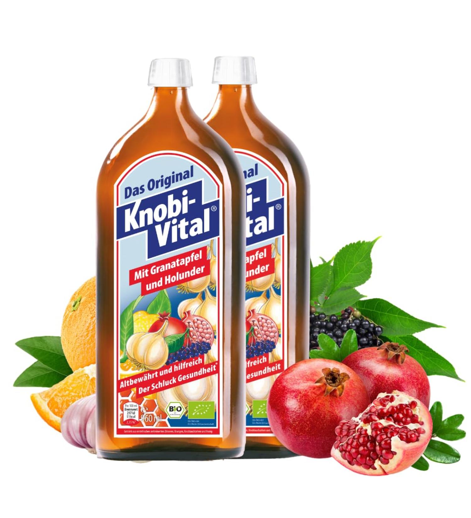 KnobiVital with pomegranate and elderberry organic 2 x 960 ml highly concentrated garlic juice with thiamine for energy nerves and heart natural and without additives set of 2 05 ml 2er Pack - Buy Online on GoSupps.com
