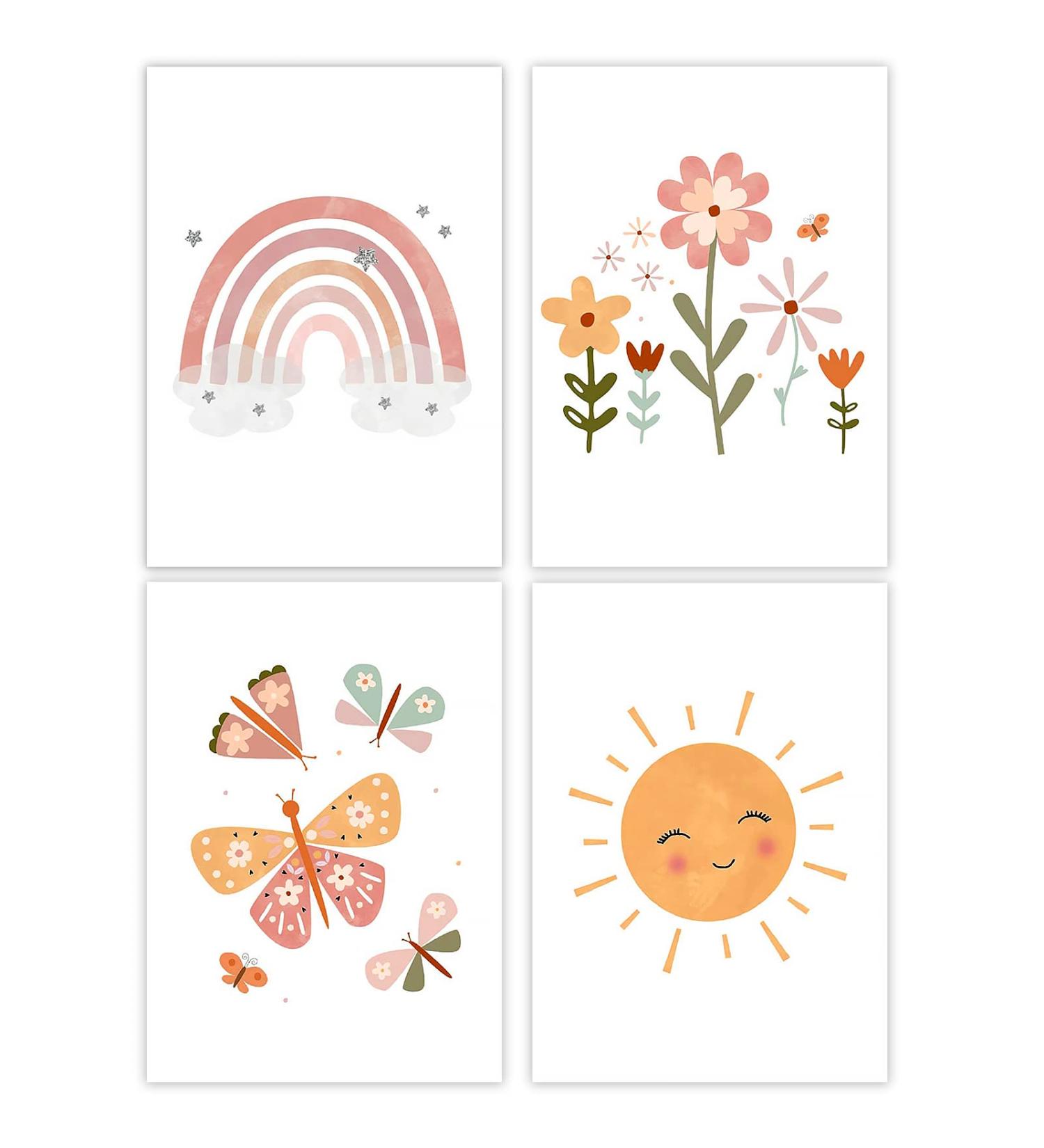 Vega 4er Set Childrens Room Pictures - Rainbow Sun Cloud Flowers & Butterflies Wall Art - Boho DIN A4 Posters for Baby Room Decoration - Buy Online on GoSupps.com