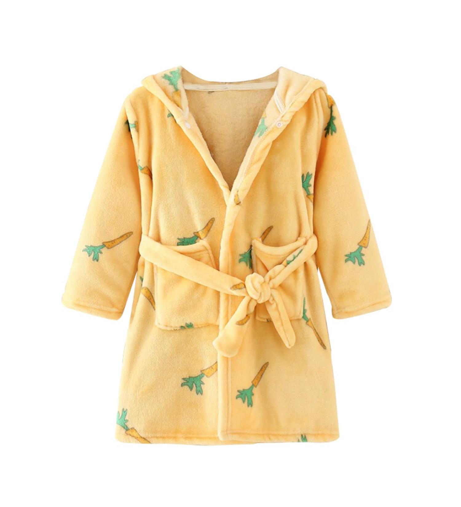 JZLPIN Unisex Baby Hooded Bathrobe Children Flannel Pajamas Dressing Gown for Boys Girls 5-6 Years Yellow