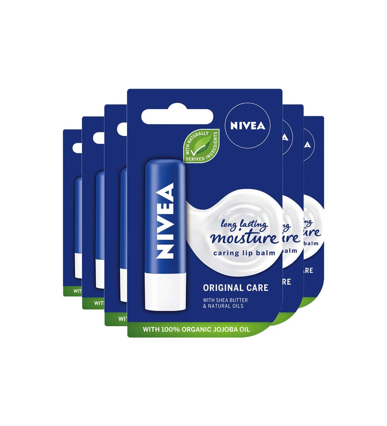 NIVEA Lip Balm Original Care Pack of 6 (6 x 4.8g) Protective Lip Moisturiser with Shea Butter and Natural Oils Caring Lip Balm for 24h Moisture Care Lip Care with Melt-In Formula Original 1 count (Pack of 6)