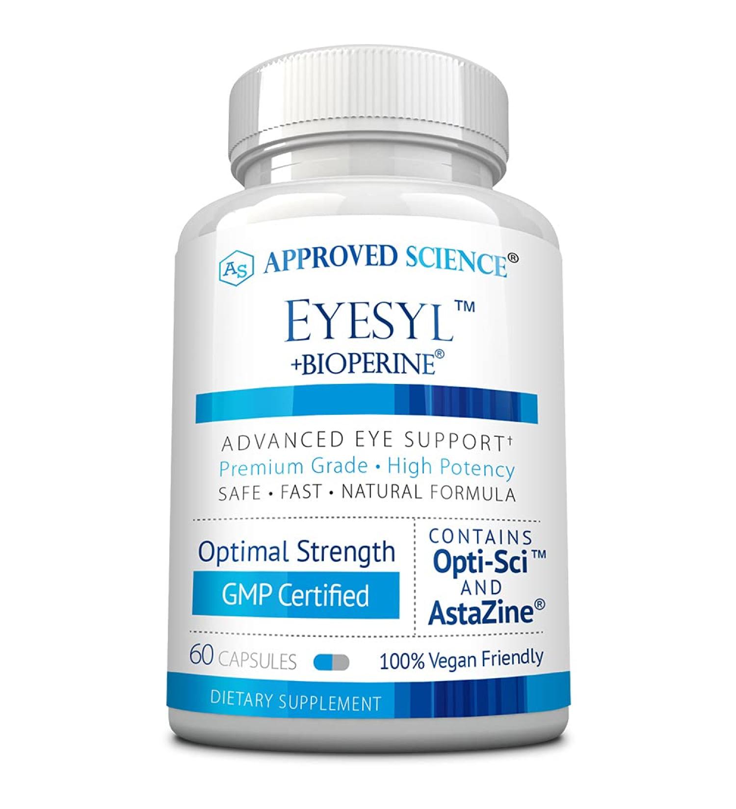 Approved Science EyeSyl - Eye Support Supplement - Chromium Picolinate, Taurine, Lutein, Zeaxanthin, Bilberry, BioPerine - 1 Month Supply - 60 Capsules - Made in The USA 60 Count (Pack of 1) - Buy Online on GoSupps.com