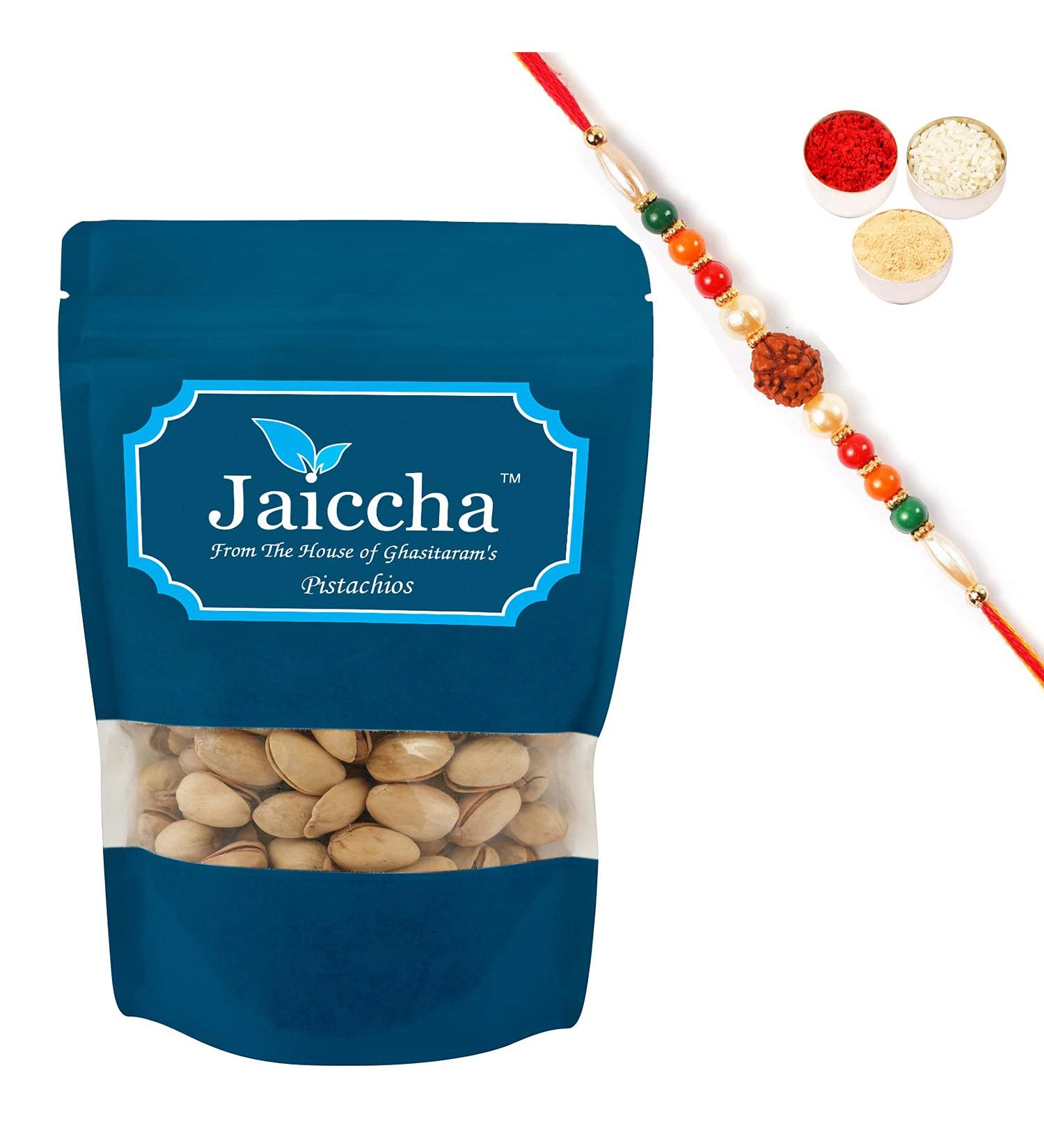 Jaiccha Ghasitaram Rakhi Gifts for Brothers Rakhi Dryfruits - Afgani Pistachios 200 GMS in White Paper Pouch with Rudraksh Rakhi - Buy Online on GoSupps.com
