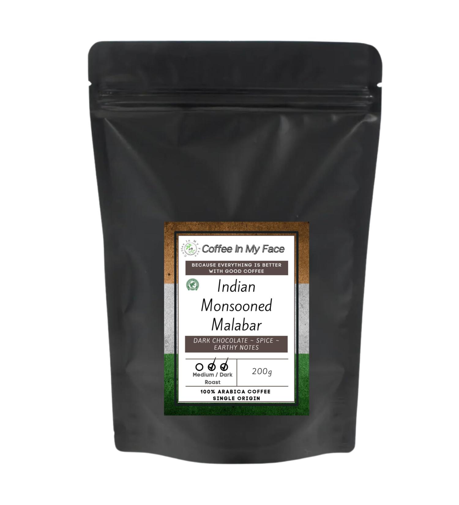 Coffee In My Face - Indian Monsooned Malabar Freshly Roasted Whole Coffee Beans | Medium / Dark Roasted | Single Origin 100% Arabica Coffee Beans (200 grams) Whole Bean - Buy Online on GoSupps.com