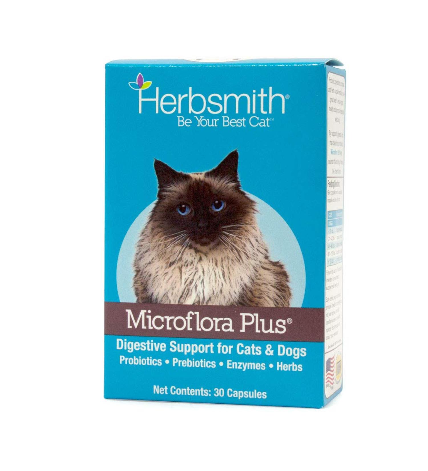 Herbsmith Microflora Plus Cat Digestive Aid - 30 Capsules | Prebiotics & Probiotics for Cat Diarrhea - Buy Online on GoSupps.com