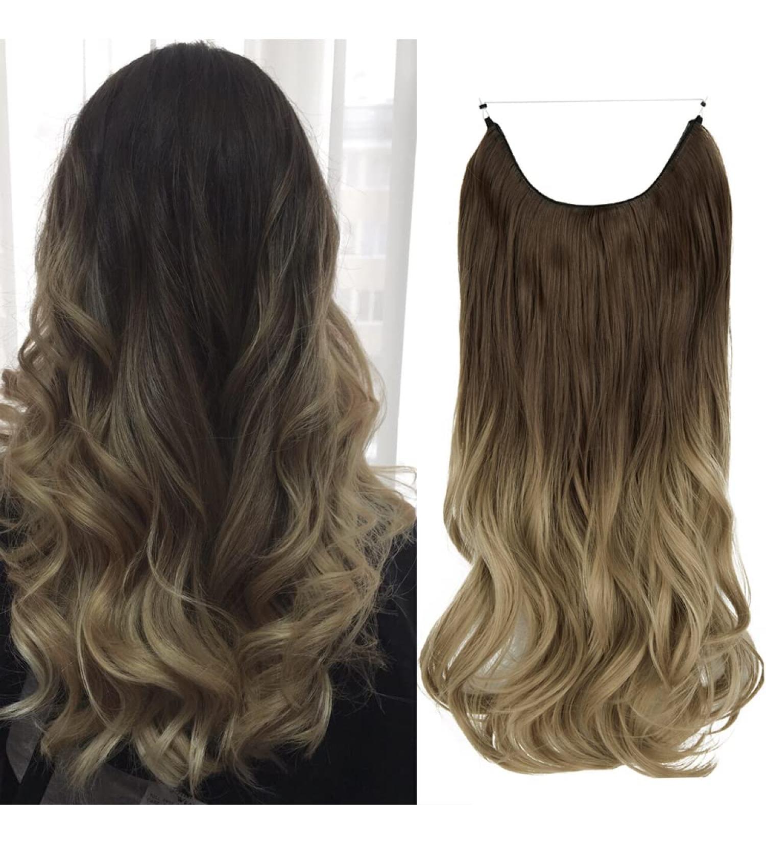 OMGREAET Brown Ombre Wavy Curly Halo Hair Extensions - Light Brown to Light Blonde - 20 Inch - Heat Friendly Fiber - No Clip - Buy Online on GoSupps.com