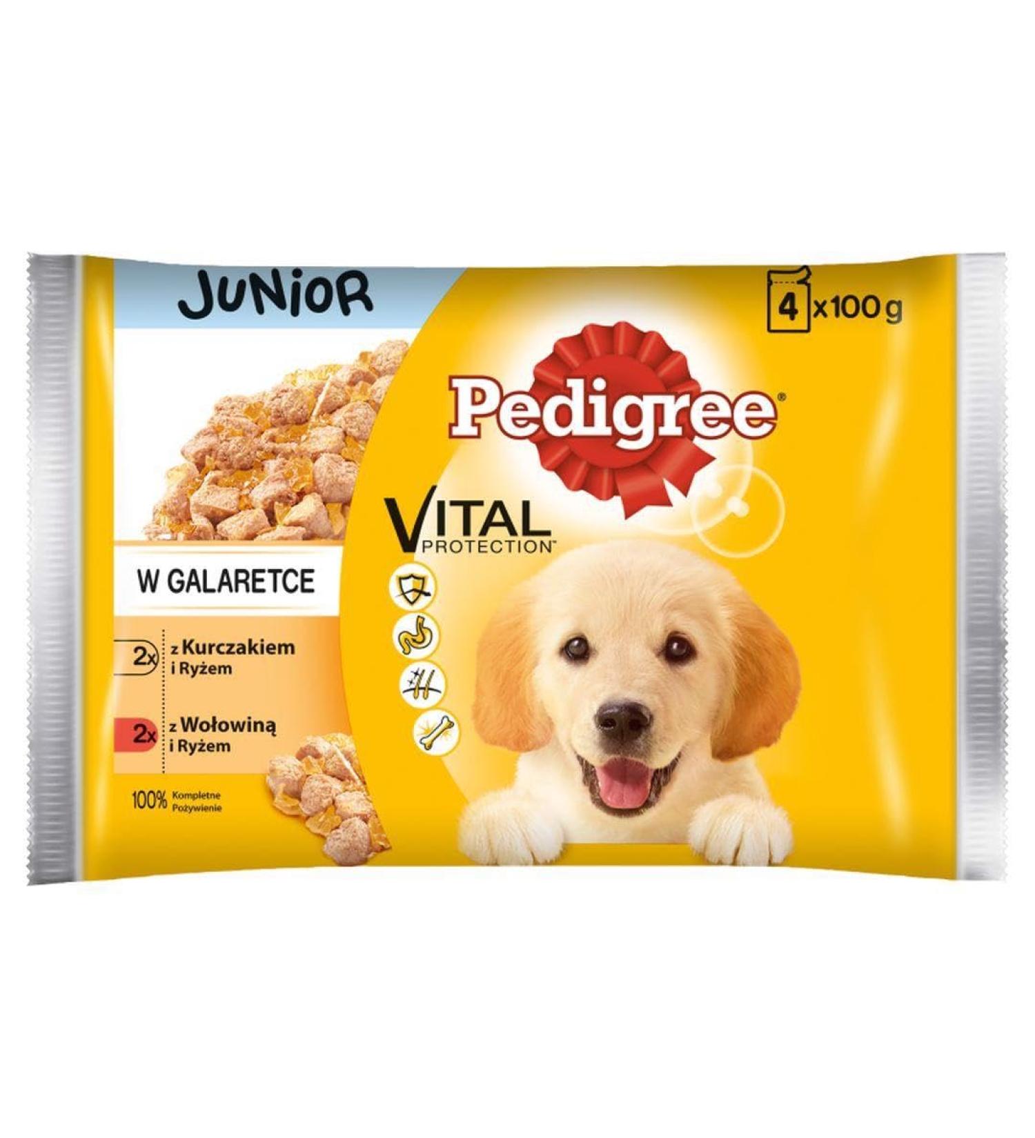 Pedigree Junior Choice of Flavours - Wet food for puppies of all breeds - With beef and rice in jelly - Sachet of 4 x 100 g