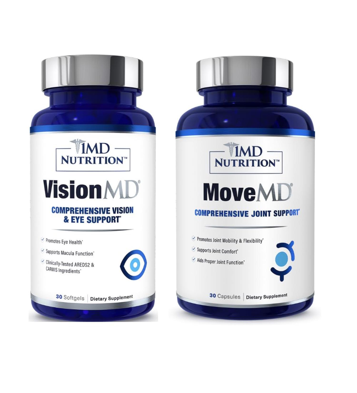 1MD Nutrition MoveMD & VisionMD Joint Support & Eye Care - Collagen Hyaluronic Acid Astaxanthin OptiLut Lutein Zeaxanthin - Buy Online on GoSupps.com