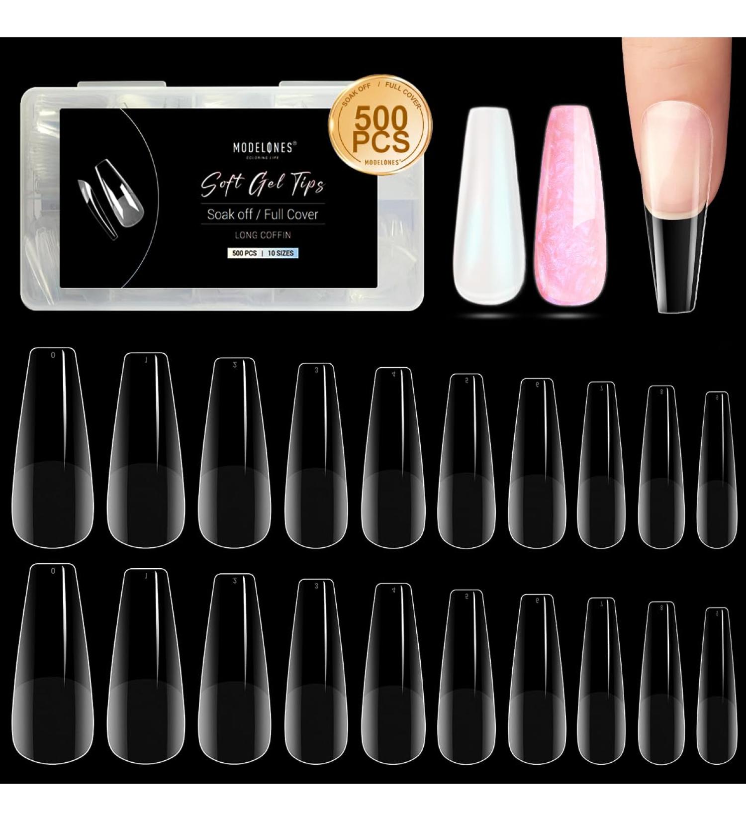 Modelones 500 Piece Transparent Nail Tips - Coffin Ballerina PMMA Resin for Gel Nail Art - 10 Sizes Pre-Buffed Long Artificial Nails - Perfect for DIY Designs - Buy Online on GoSupps.com