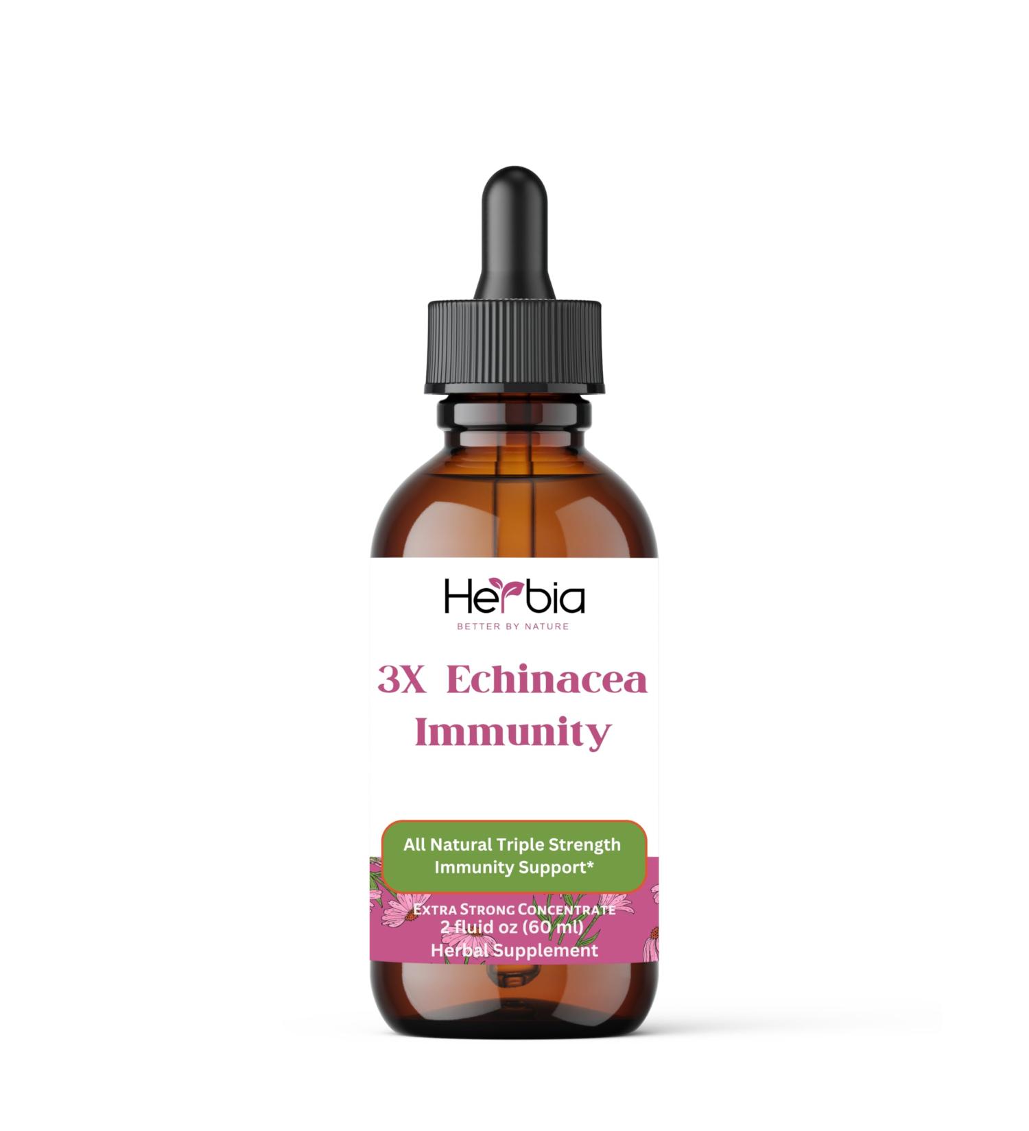 HERBIA 3X Echinacea Immunity Extra Strong Concentrated Organic Echinacea Blend with Angustifolia and Purpurea Root Herb and Flower for Immune Support Liquid Alcohol Extract 2 Fluid oz (60ml) - Buy Online on GoSupps.com