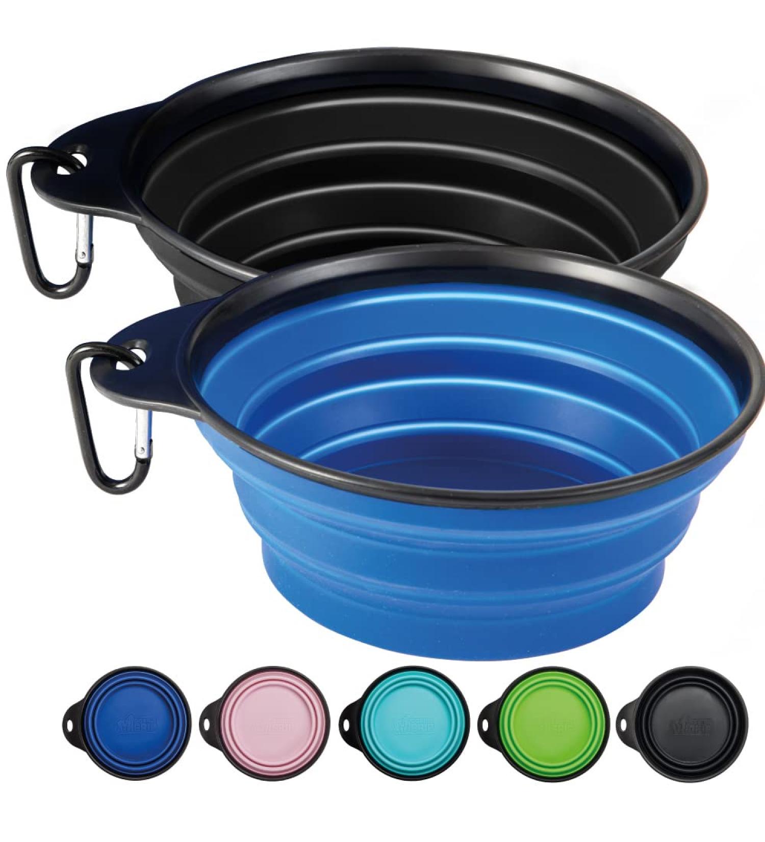 Gorilla Grip Portable Dog Food Bowl | Collapsible Silicone Pet Feeding Dish with Carabiner | Foldable Water Bowl for Dogs and Cats | 8 Cups | Black Royal Blue - Buy Online on GoSupps.com