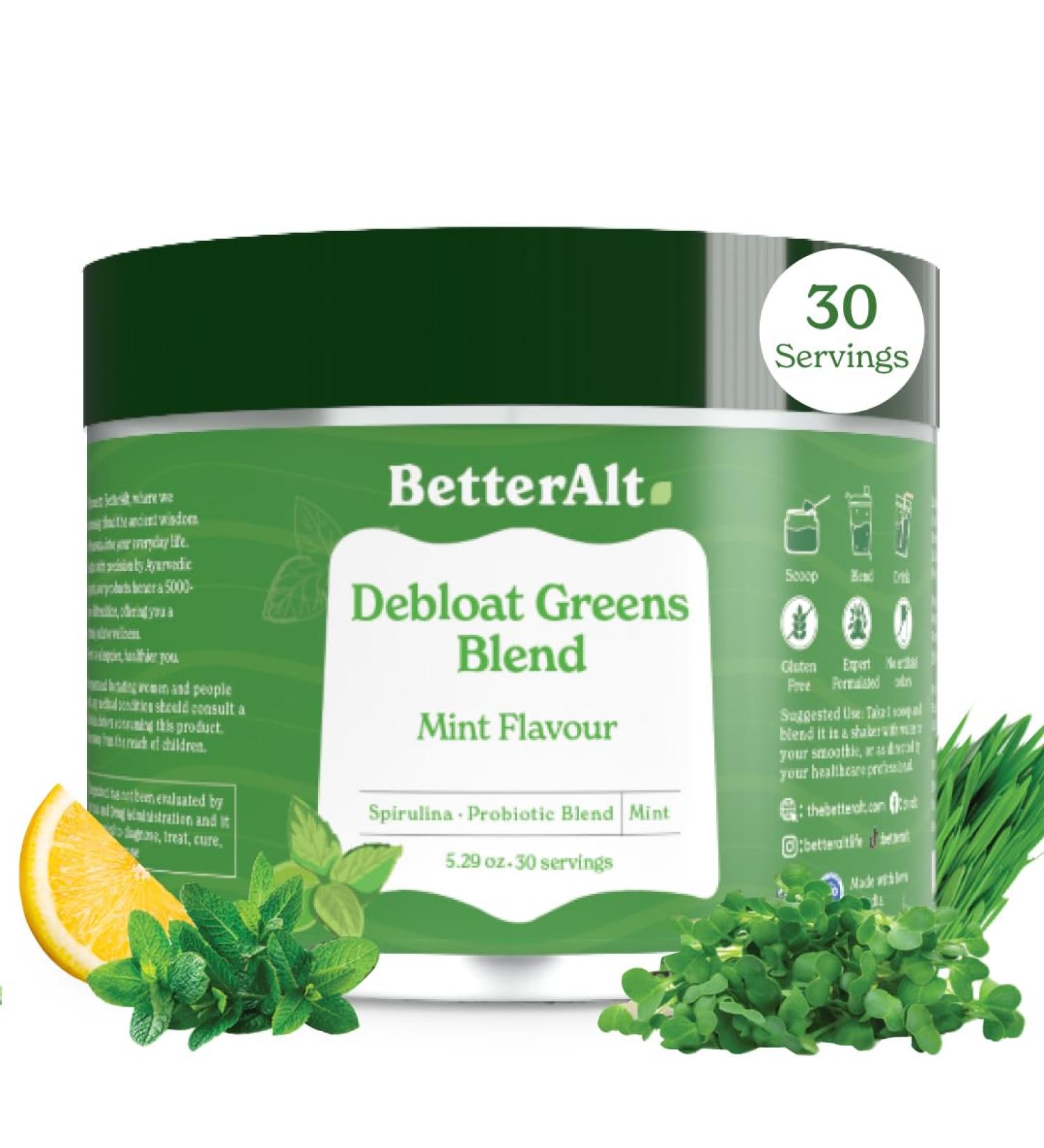 Better Alt Greens Powder Detox & Debloat with 15 Super Greens Blend of Spirulina Moringa Powder Wheatgrass Pre & Probiotics Packed with Anti-oxidants Mint Flavor No Maltodextrin 30 Servings - Buy Online on GoSupps.com