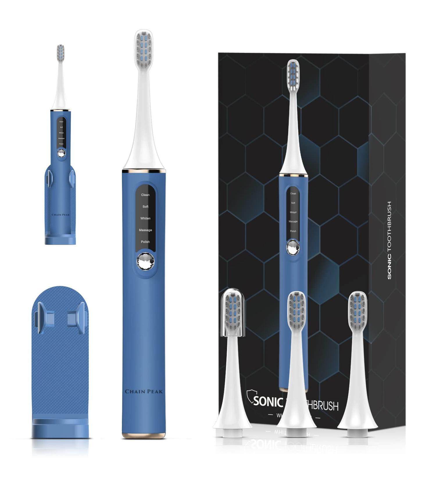 Sonic Electric Toothbrush for Adults - Rechargeable with LED Indicator, 2 Mins Timer, 5 Modes, 4 Brush Heads - Blue - Ideal for Men, Women, Couples - Wall-Mount Holder Included - Buy Online on GoSupps.com