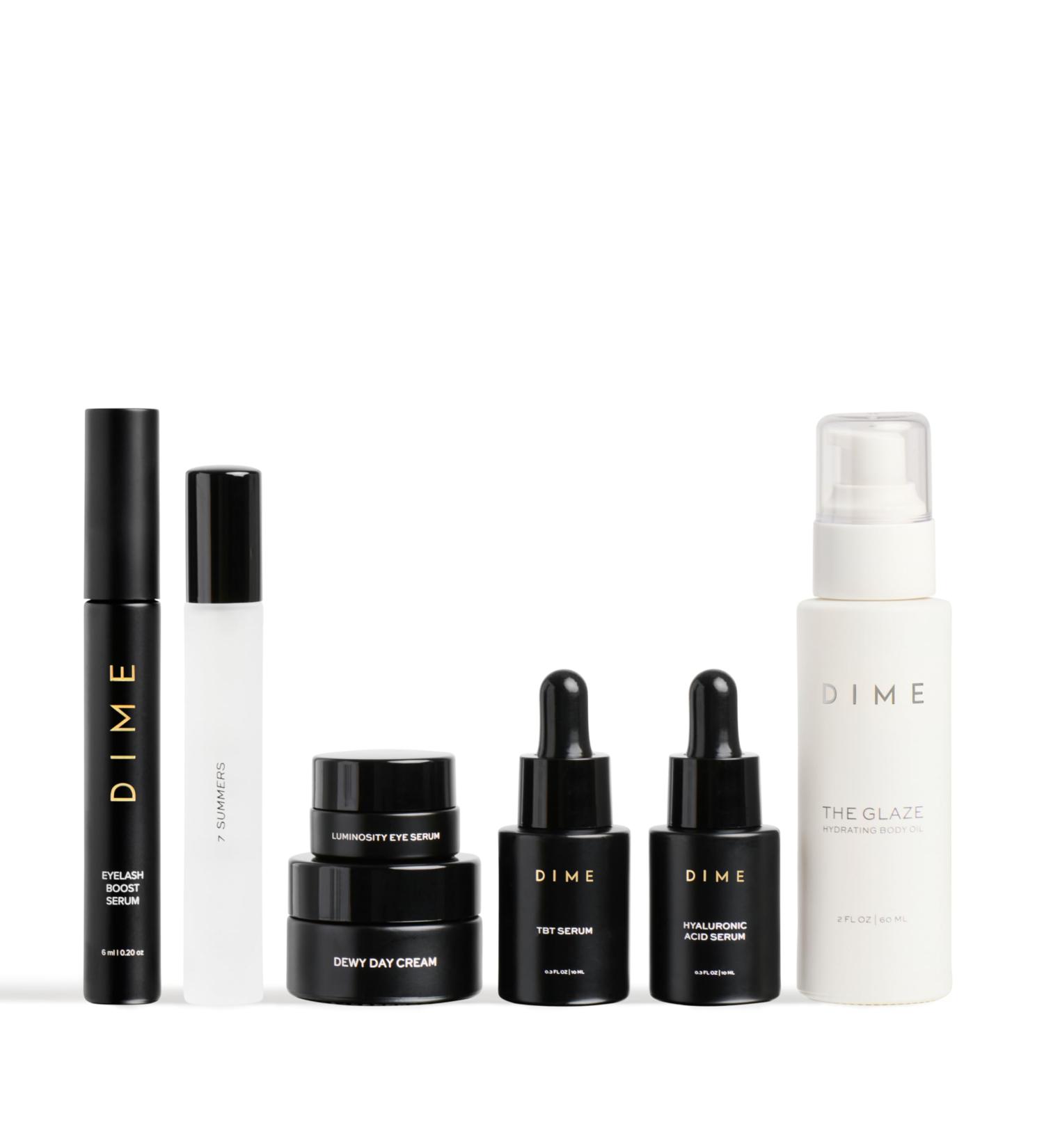 DIME Beauty Icons Collection - Travel Size Skincare Discovery Set Includes 7 Summers Perfume Eyelash Boost Serum Luminosity Eye Glaze Body Oil Hyaluronic Acid Dewy Day Cream TBT Serum - Buy Online on GoSupps.com