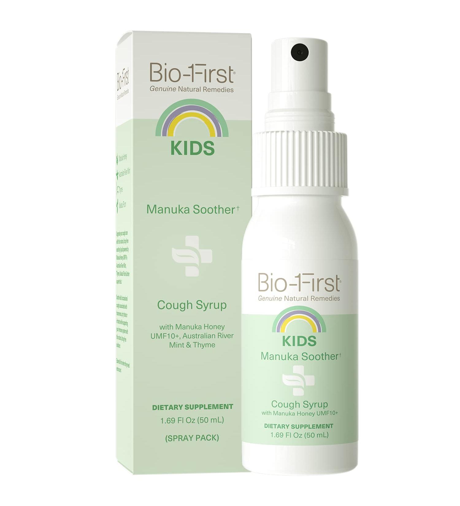 Bio-First Kids Manuka Soother Cough Syrup | Natural & Safe Kids Cough Medicine with Manuka Honey UMF10+ | Immune Support & Decongestant | Gluten Free - 50ml - Buy Online on GoSupps.com