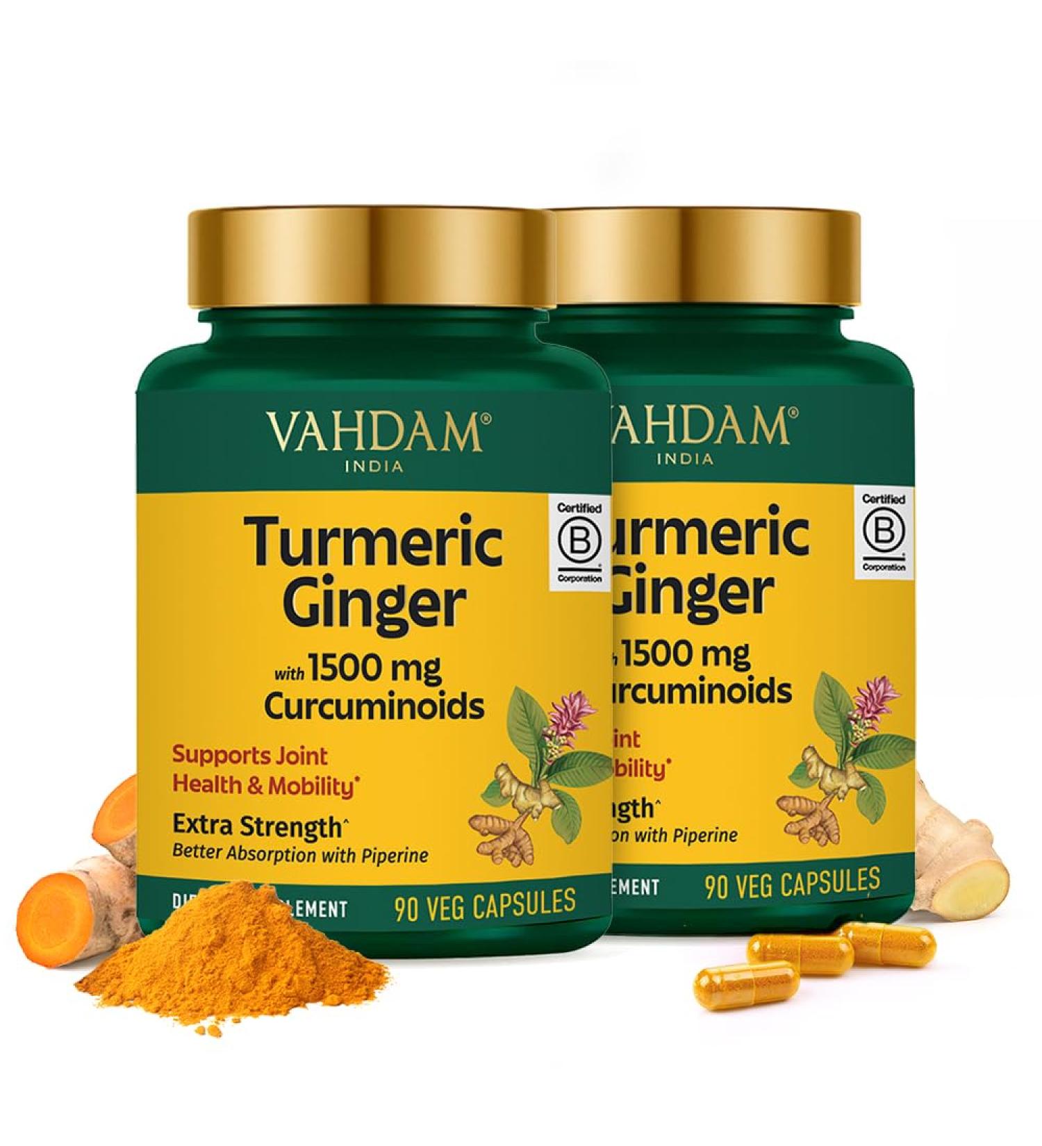 VAHDAM Turmeric Ginger 1900mg - with 1500mg Curcuminoids | Added Ginger & Piperine for Fast Absorption | Supports Joint Health and Mobility | 90 Capsules (Pack of 2) - Buy Online on GoSupps.com