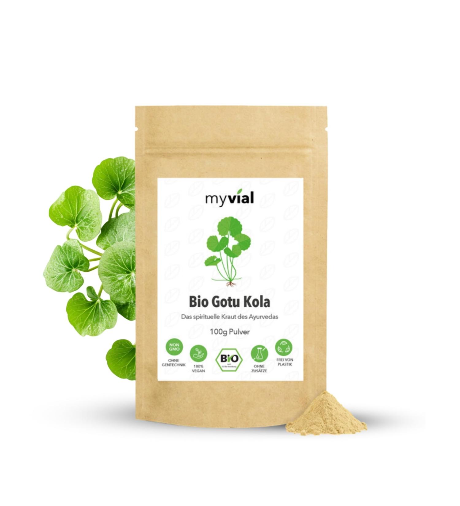 Myvial Gotu Kola Powder Bio 100g - Vegan Tiger Grass (Centella Asiatica) from Sri Lanka | Additive-Free Plastic-Free Raw Food Lab Tested - International Shipping Available - Buy Online on GoSupps.com