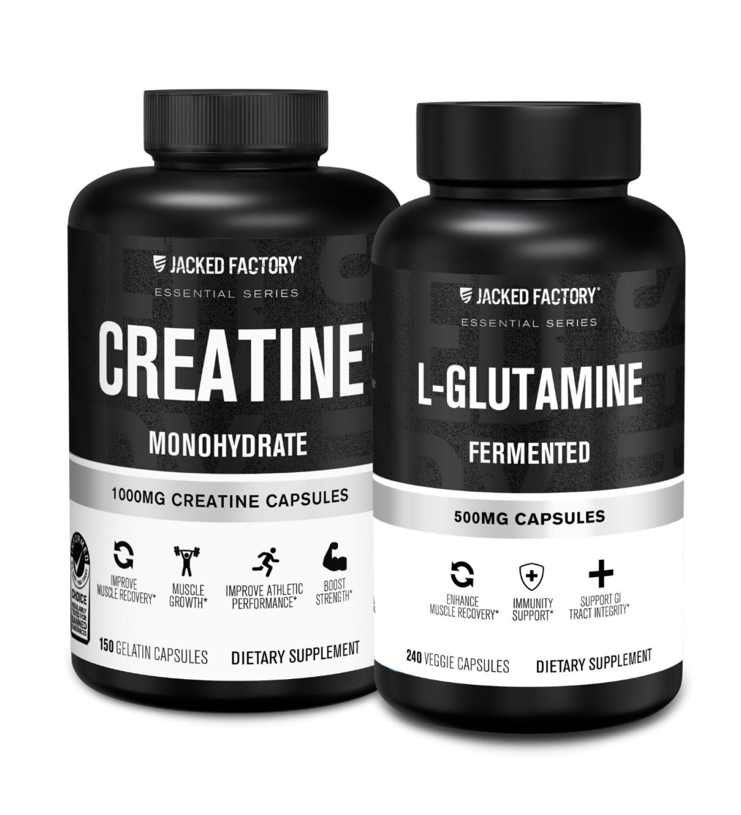 Jacked Factory Creatine Monohydrate Pills (150 Count) & L-Glutamine Capsules 500mg (240 Count) for Muscle Growth Recovery Strength & Immunity - Buy Online on GoSupps.com