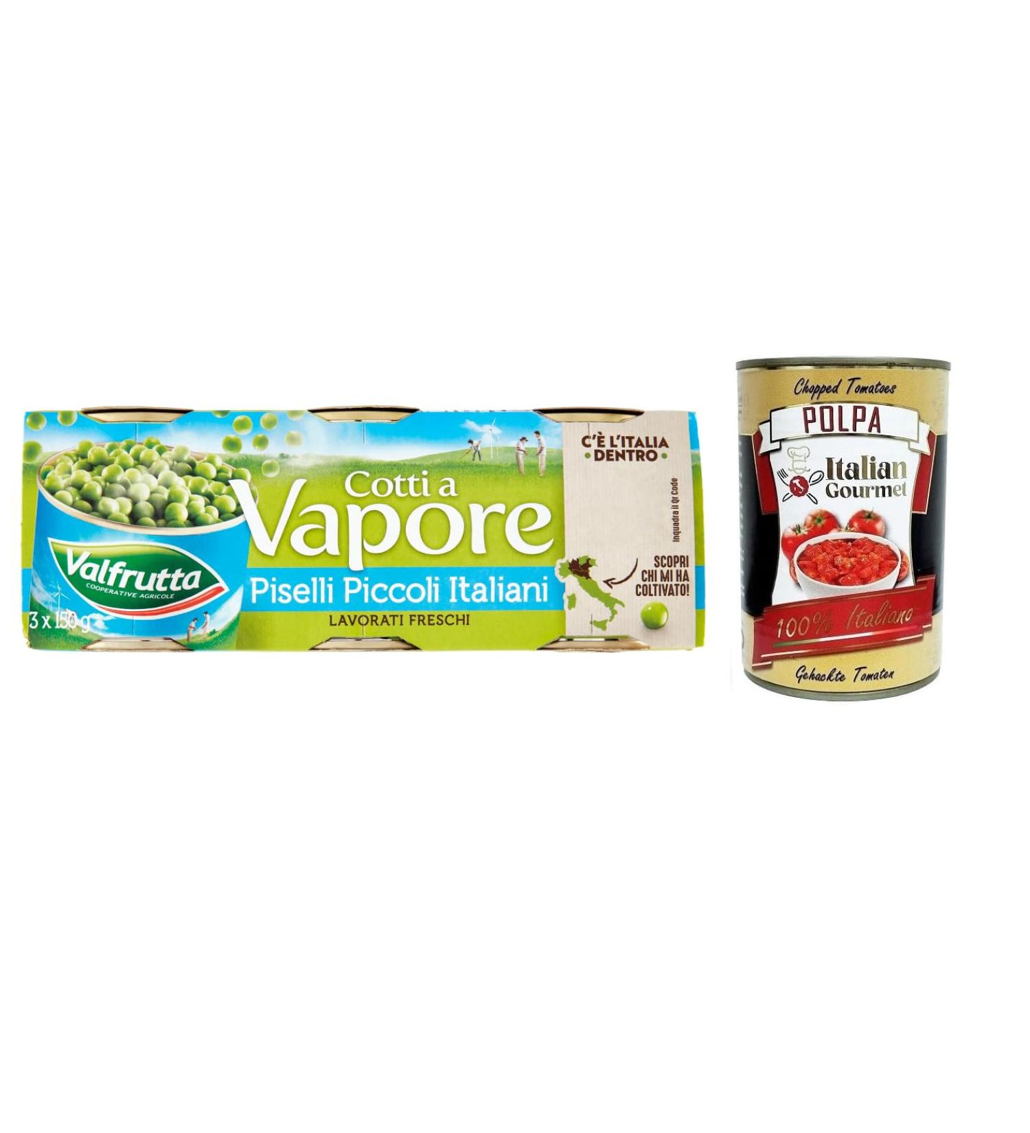  Italian Gourmet E.R. Valfrutta Piselli Piccoli Italiani Italian Peas Legumes Vegetables Steaming 3 x 150 g + Italian Gourmet Tomato Pulp 400 g Box - Buy Online on GoSupps.com