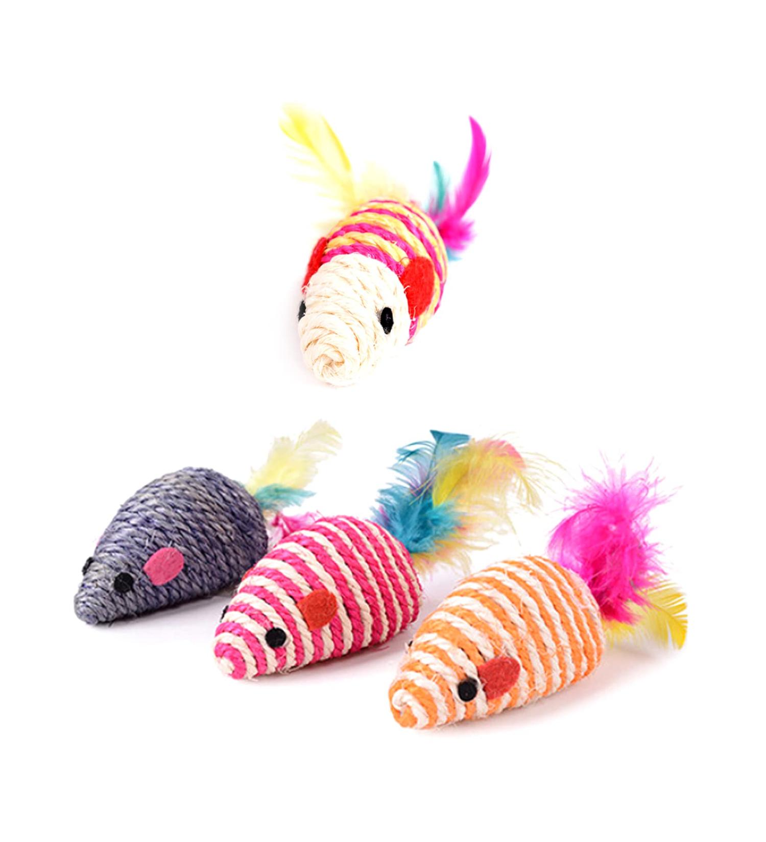 4 Pcs Sisal Mouse Interactive Cat Toys Mouse Style Pet Toys with Colored Feathers Cat Teeth Cleaning Toys for Cat Indoor Activities - Buy Online on GoSupps.com