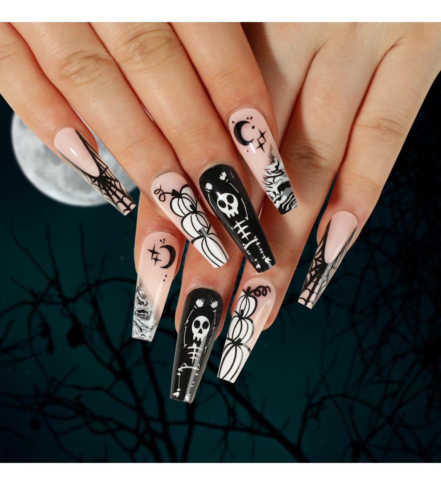 OnSaya Coffin False Nails Halloween Decorations Black Spider Press on Nails Ghost Stick on Nails Ballerina Acrylic Long Fake Nails 24Pcs for Women and Girls 1 count (Pack of 1) - Buy Online on GoSupps.com