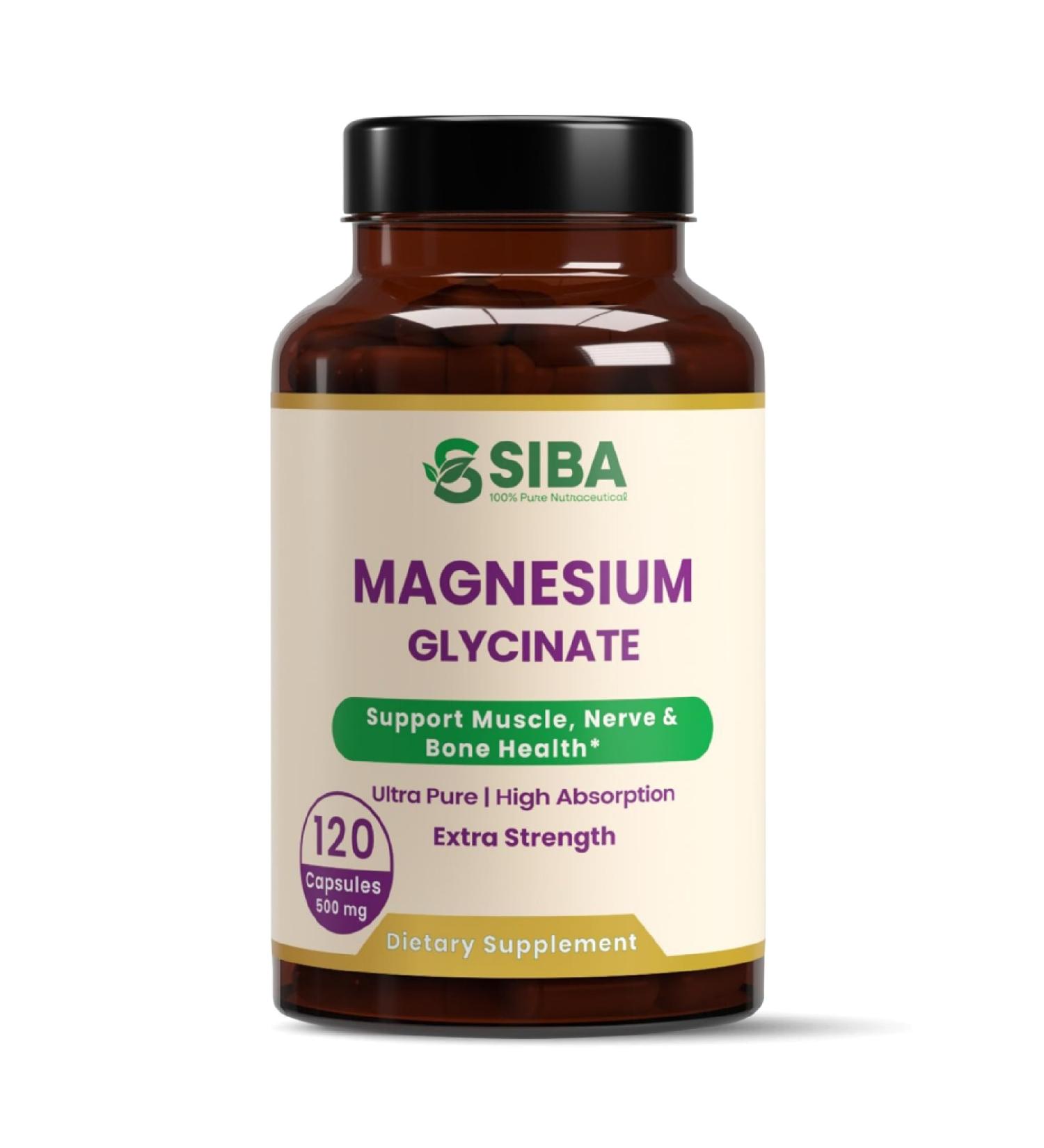 SIBA Magnesium Glycinate 500mg High Absorption Supplement for Sleep Muscle Recovery Nerve Function Bone Health Natural Calm Relaxation Support Vegan Capsules Non GMO 120 Count - Buy Online on GoSupps.com