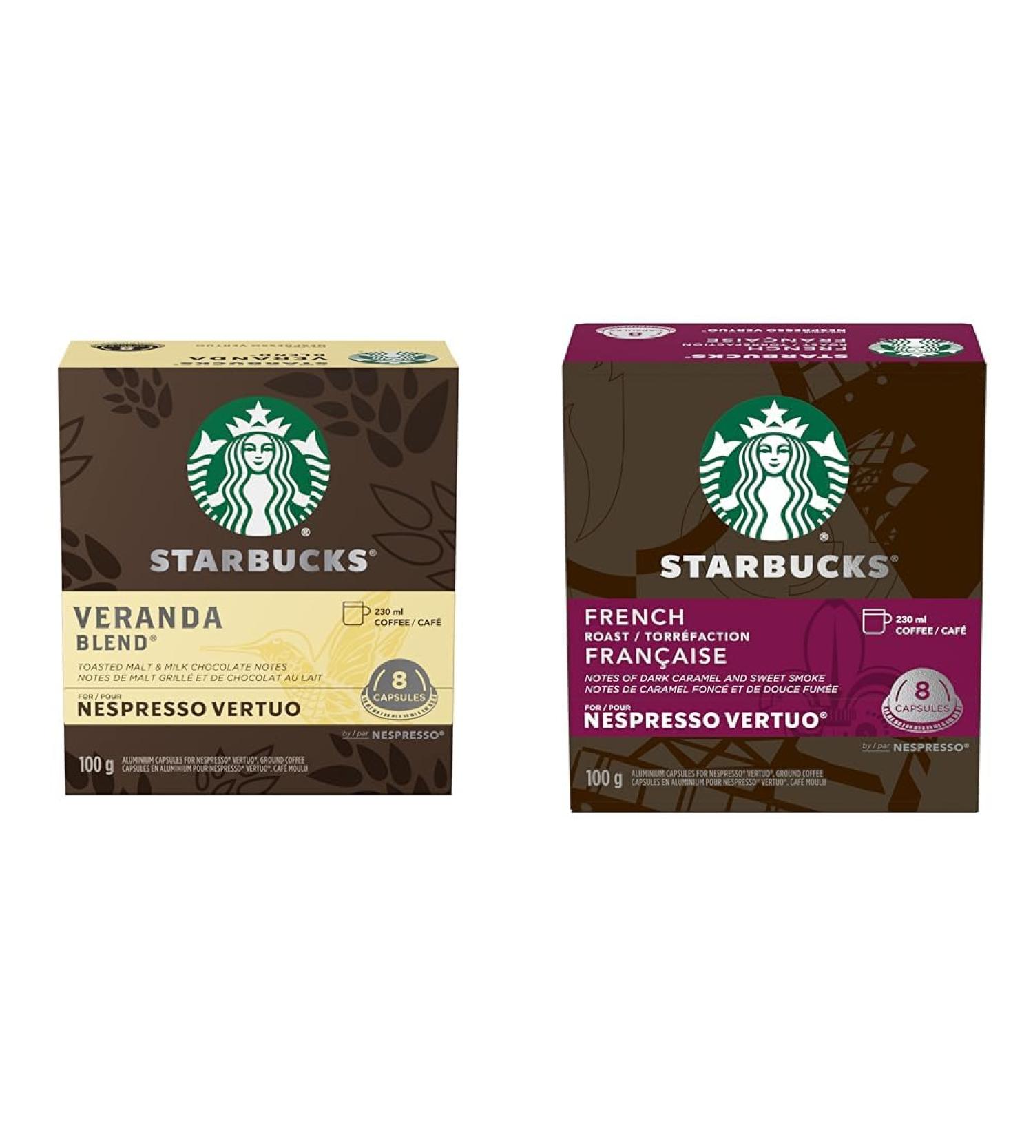 Starbucks by Nespresso Veranda Blend Blonde Roast Coffee Pods & French Roast For NESPRESSO VERTUO Dark Roast Coffee + Roast Veranda 1 g (Pack of 1) - Buy Online on GoSupps.com