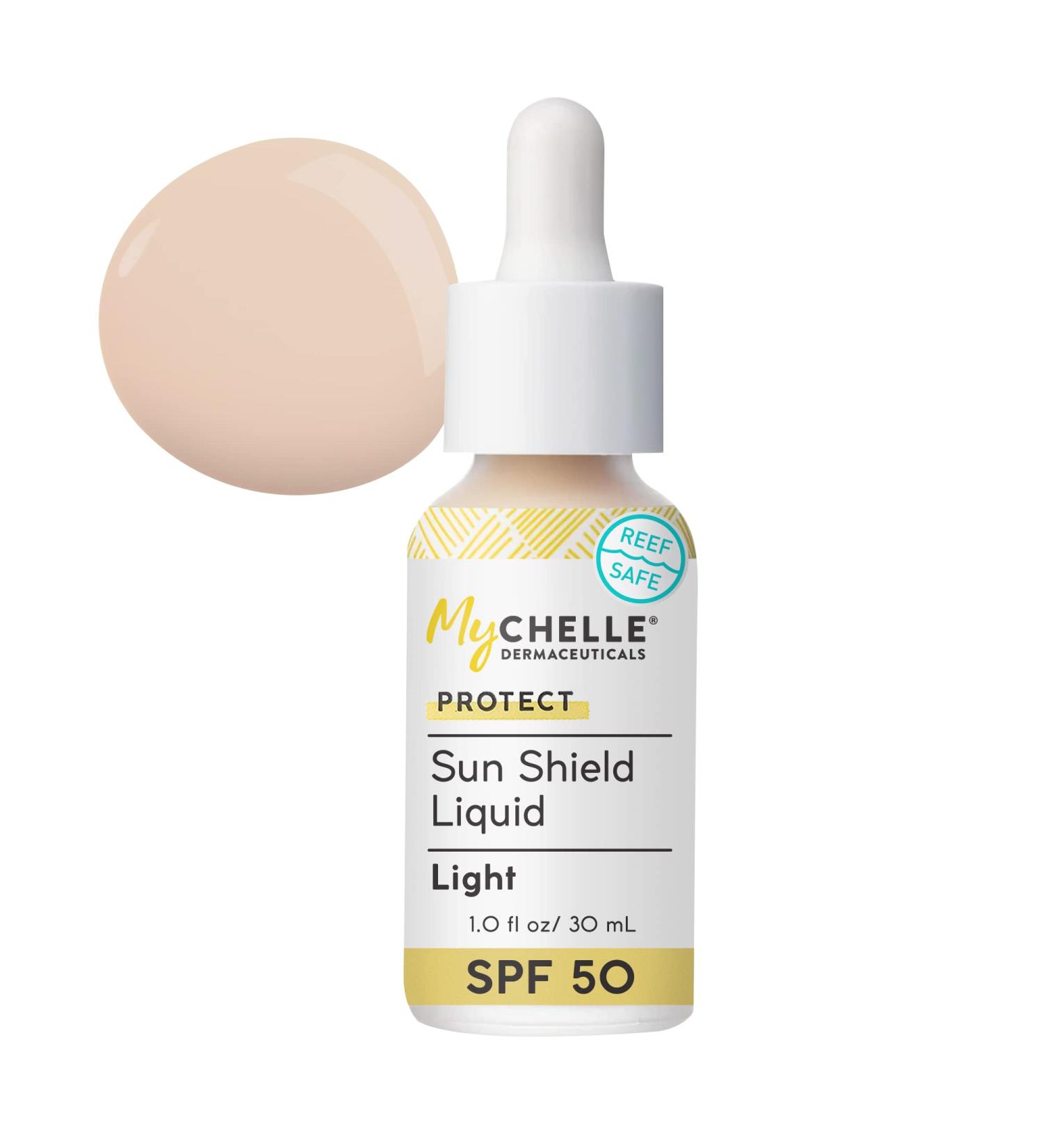 MyCHELLE Dermaceuticals Sun Shield Liquid SPF 50 Light - Tinted Sunscreen with Bentonite Clay - Buy Online on GoSupps.com