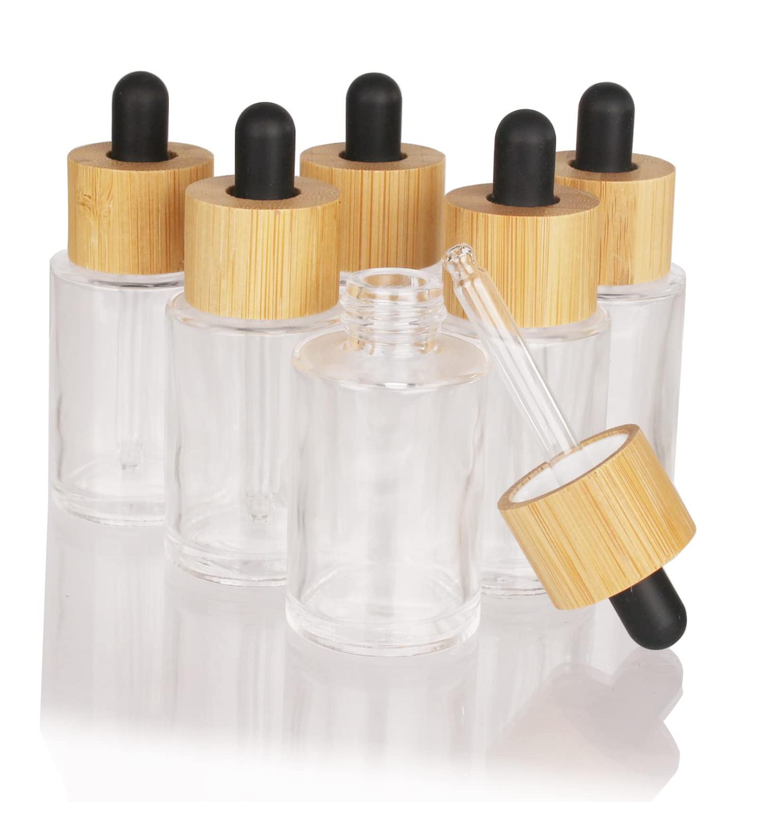COSIDEA 6 PCS empty 30ml / 1oz clear glass bottles with wood bamboo dropper lids for serum and essential oil DIY cosmetics oils containers travel perfume droppers bottle container 30 ml With Dropper