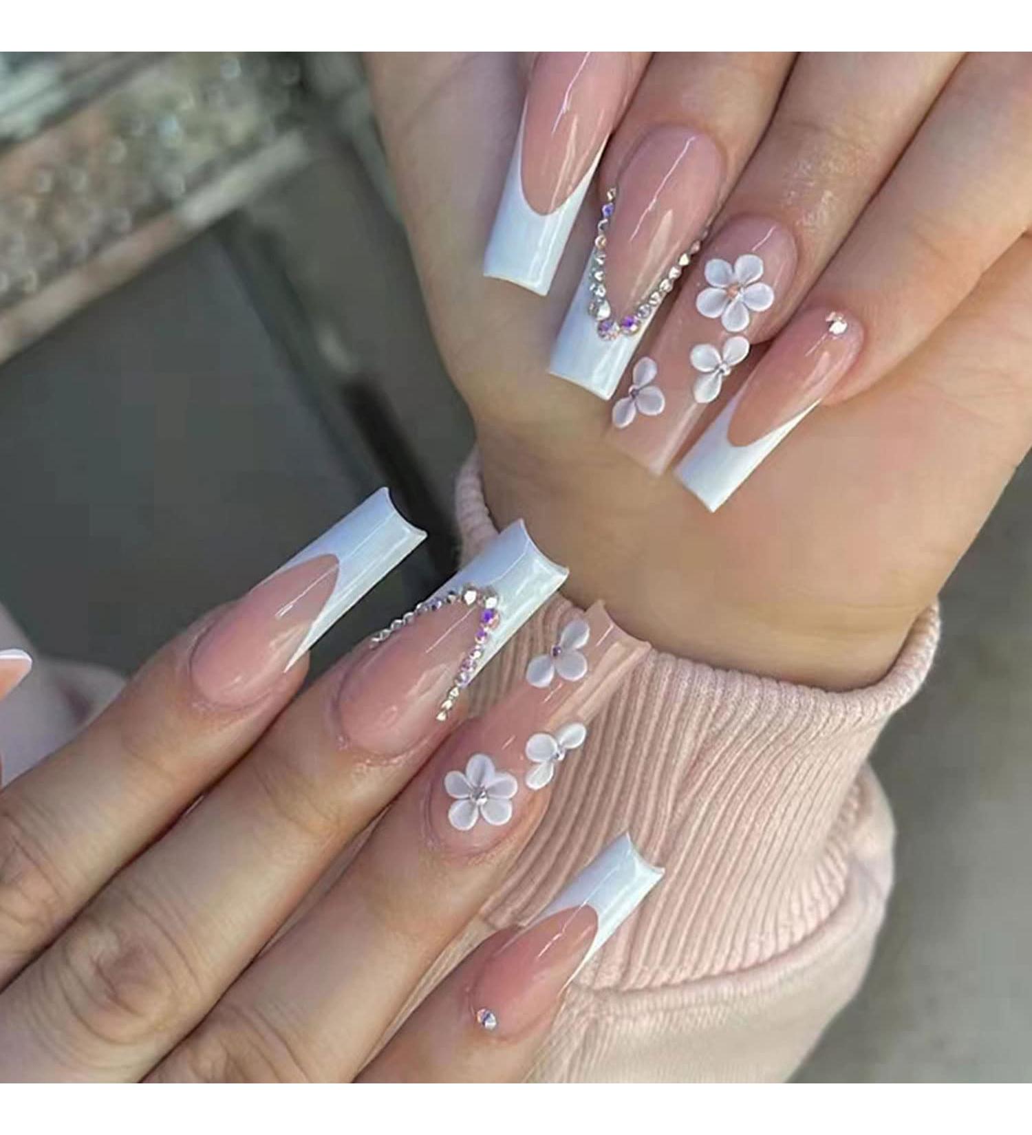 24Pcs Flower Design Long Press on Nails - White French False Nails with Nude Pink Acrylic - Glossy Stick on Nails for Women - Buy Online on GoSupps.com