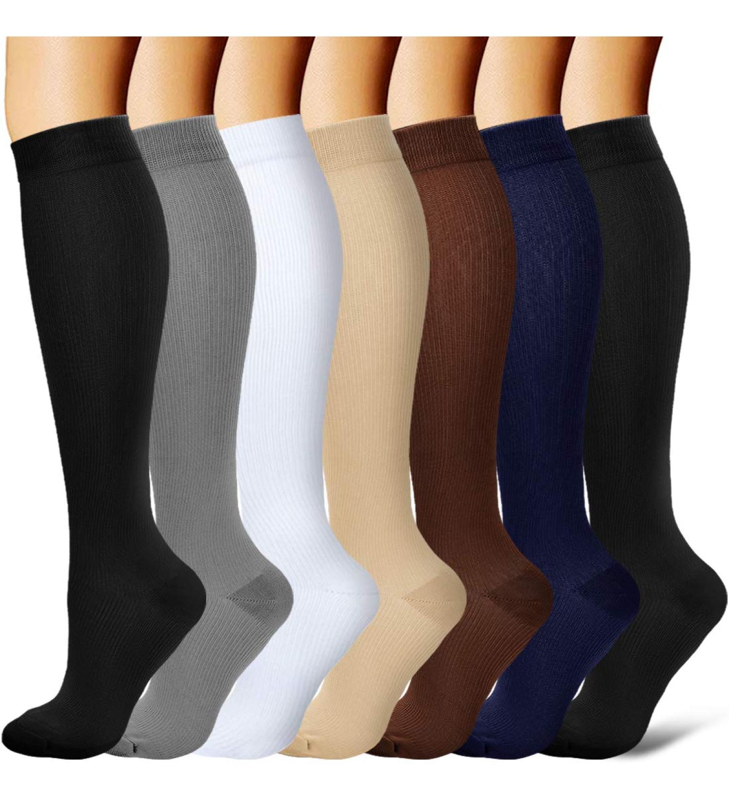 Compression Socks for Men and Women - Pack of 7, Large/X-Large - Ideal Support for Running, Athletic, Nursing, and Travel - Black/White/Gray/Yellow/Brown - Buy Online on GoSupps.com