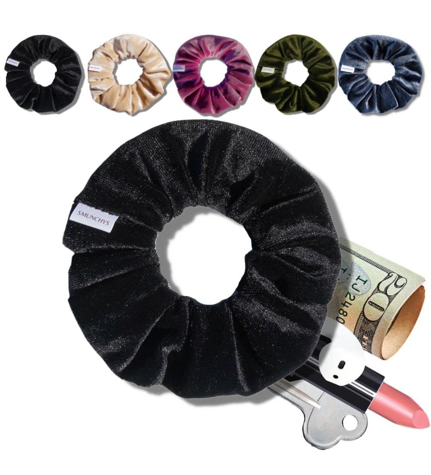 Smunchys Velvet Hair Tie Scrunchies with Hidden Pocket | Zipper Storage for Keys, Money, AirPods | Soft Elastic Bands for Women & Girls - Perfect for Styling All Hair Types - Buy Online on GoSupps.com