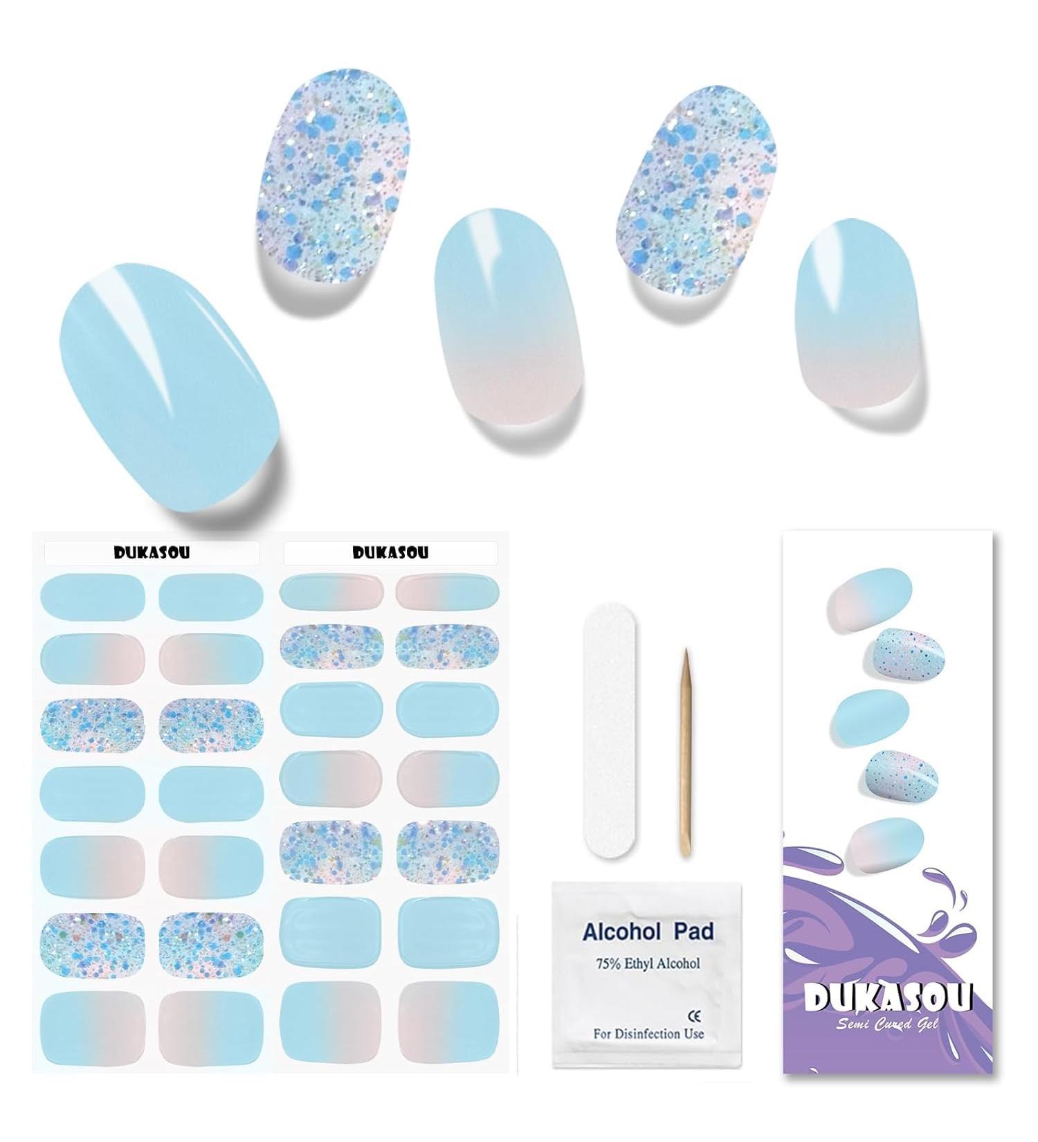 Buy Semi Cured Gel Nail Strips - 28 pcs Sky Blue Nail Wraps Long Lasting & Salon Quality Easy Application with UV Lamp - Buy Online on GoSupps.com