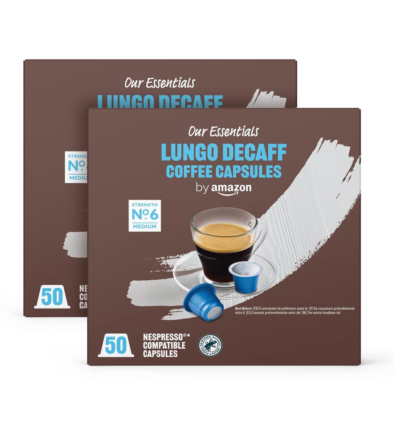 by Amazon Lungo Decaf Coffee Capsules Compatible with Nespresso Medium Roast 100 Count (2 Pack of 50) Rainforest Alliance Certified - Buy Online on GoSupps.com
