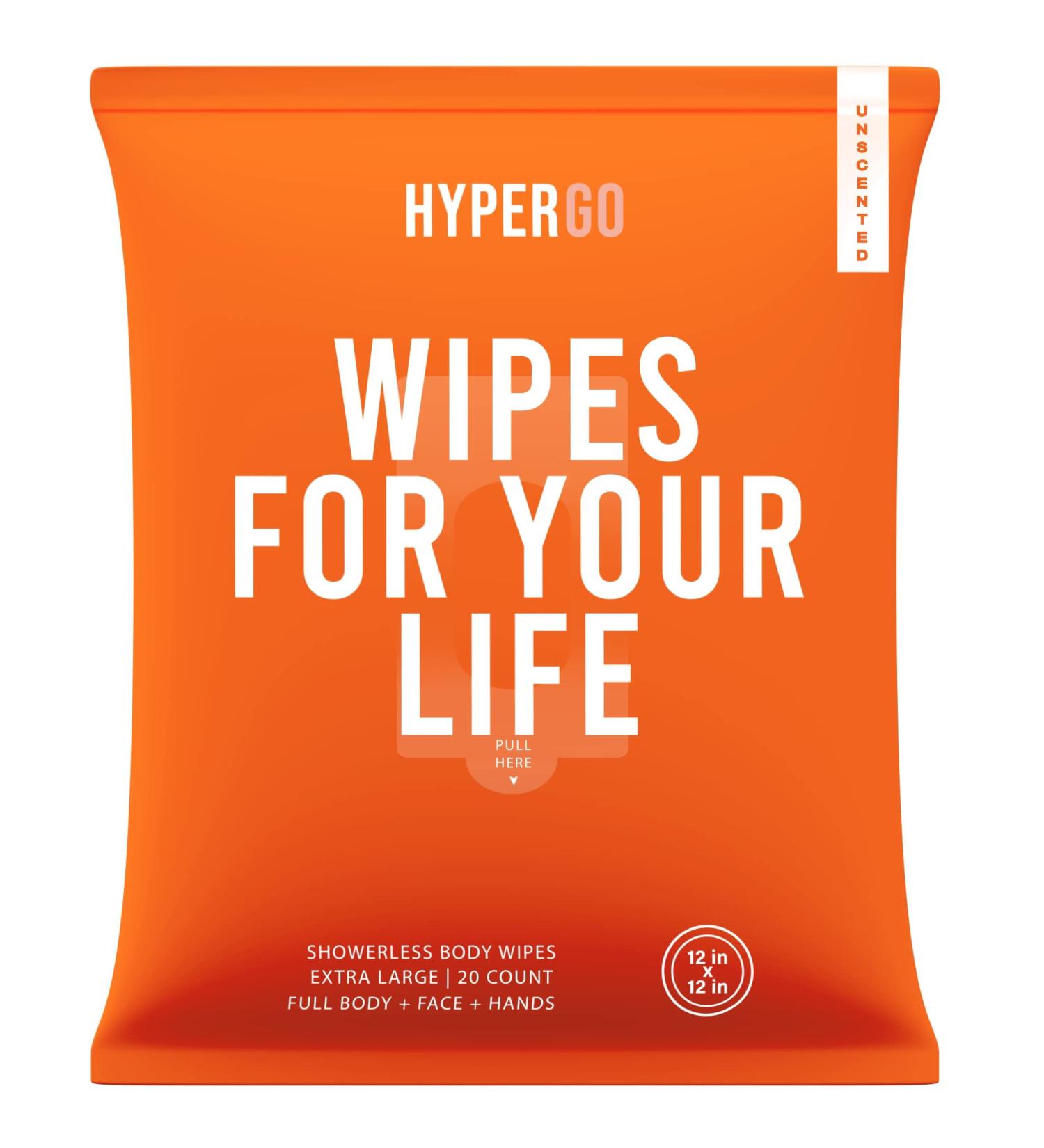 HyperGo Full-Body Rinse-Free Hypoallergenic Biodegradable Bathing Wipes All Natural  Refreshing Anytime Anywhere  Post Workout  Camping  Travel  Daily Life  12x12 X-Large 20-count  Unscented 1 Pack UnscentedÂ  20 Count ( - Buy Online on GoSupps.com