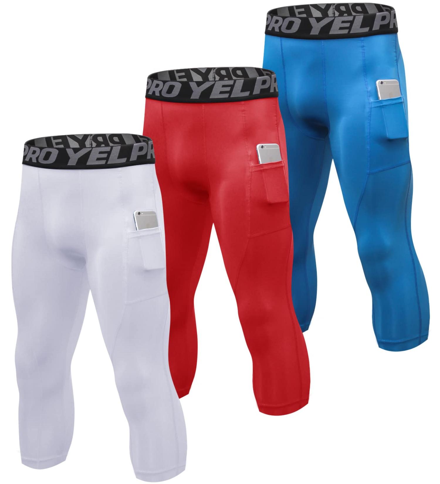 1. Men's 3/4 Compression Pants - Dry Fit Running Leggings - 1 or 3 Pack - Gym Capri Pant for Football Basketball - White/Red/Blue - Large 2. Men's Compression 3/4 Tights - Dry Fit Athletic Leggings - 1 or 3 Pack - Gym Capri Pant for Running Football Baske - Buy Online on GoSupps.com