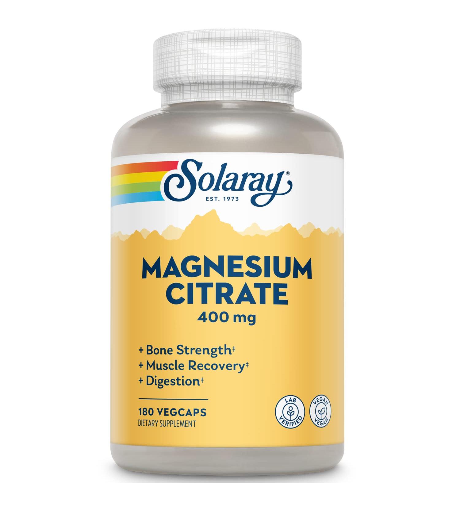 Solaray Magnesium Citrate 400 mg - 180 Vegan Caps for Healthy Muscle & Nerve Function - Buy Online on GoSupps.com