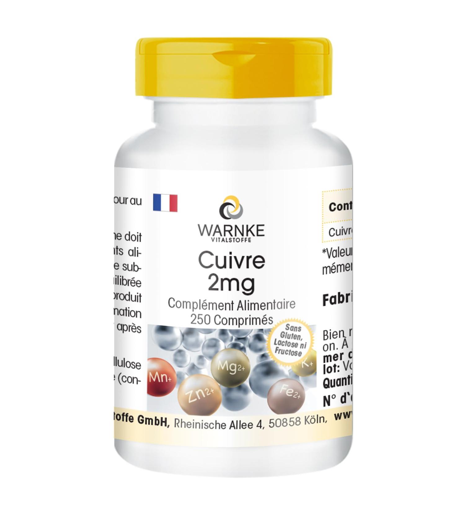 Cuivre 2mg - 250 comprim s de 2mg chacun - Bisglycinate de cuivre - HAUTE DOSE - Qualit pharmaceutique allemande - Vegan | Warnke Vitalstoffe - Buy Online on GoSupps.com