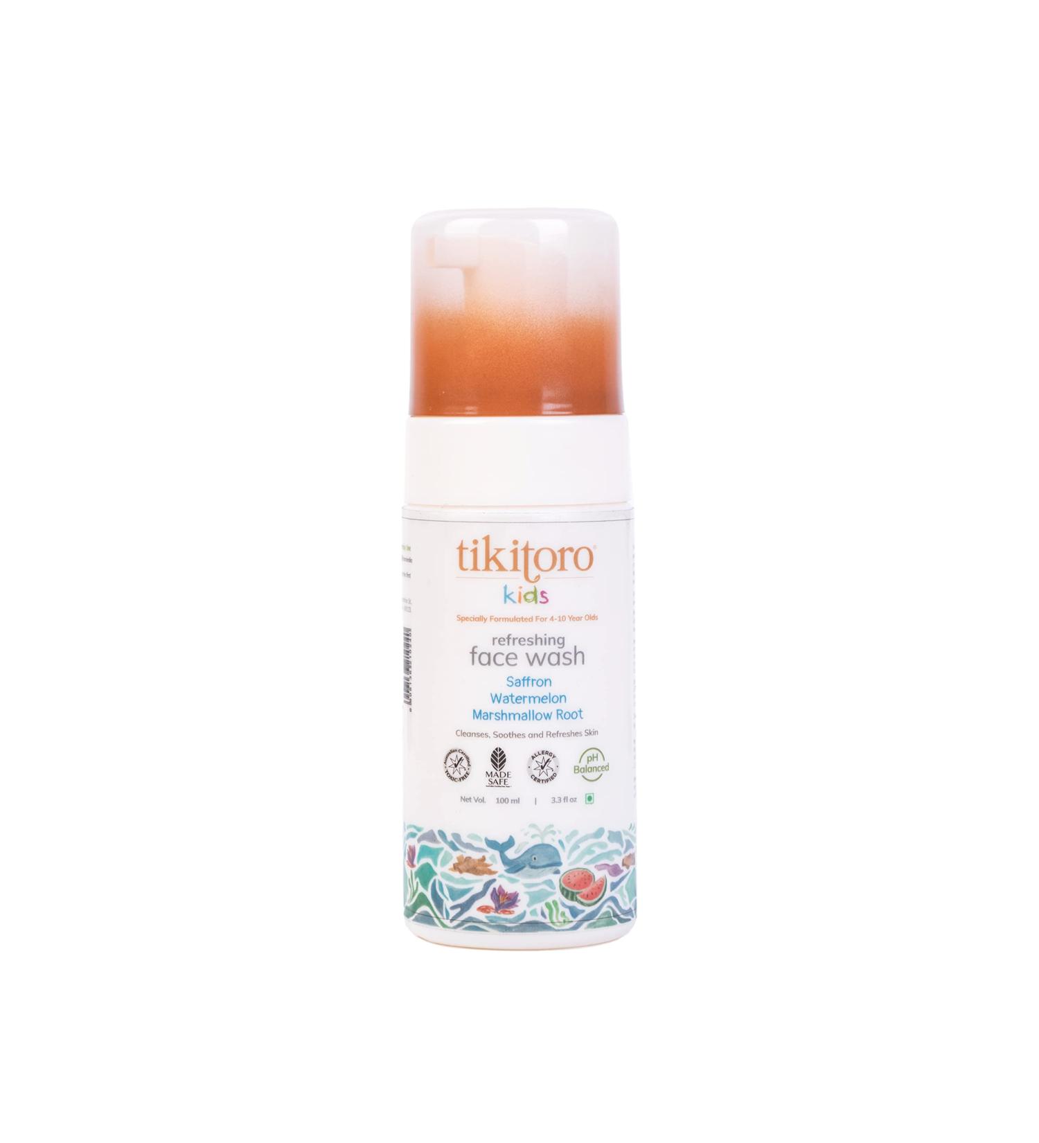 Tikitoro Kids Face Wash - 100% Vegan with Saffron Watermelon & Marshmallow Root | Cleanses Purifies & Moisturizes | No Parabens or Sulphates (100 ml - Buy Online on GoSupps.com