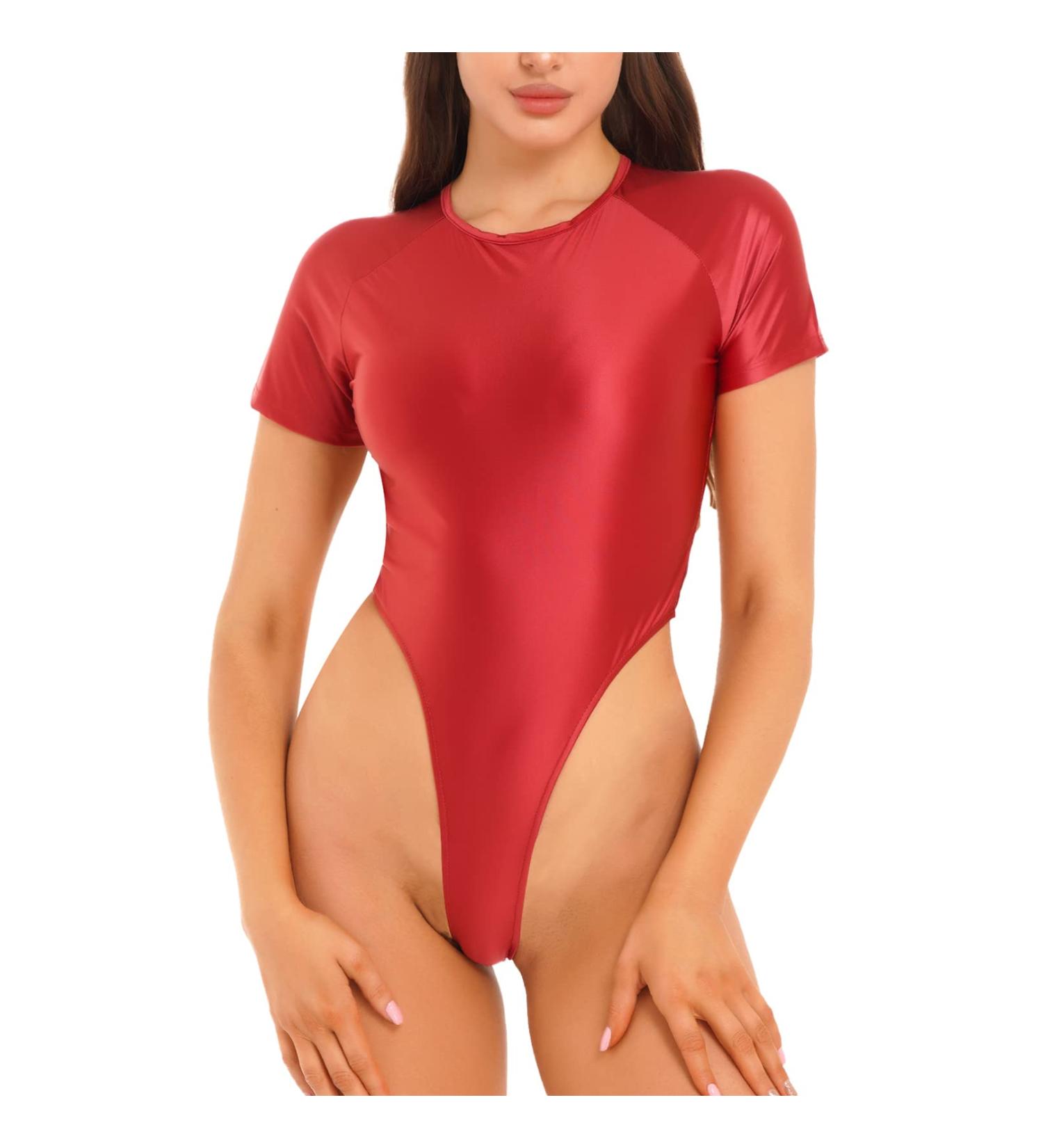 YiZYiF Women's 70D Oil Glossy Thong Bodysuit - Burgundy, X-Large - Buy Online on GoSupps.com