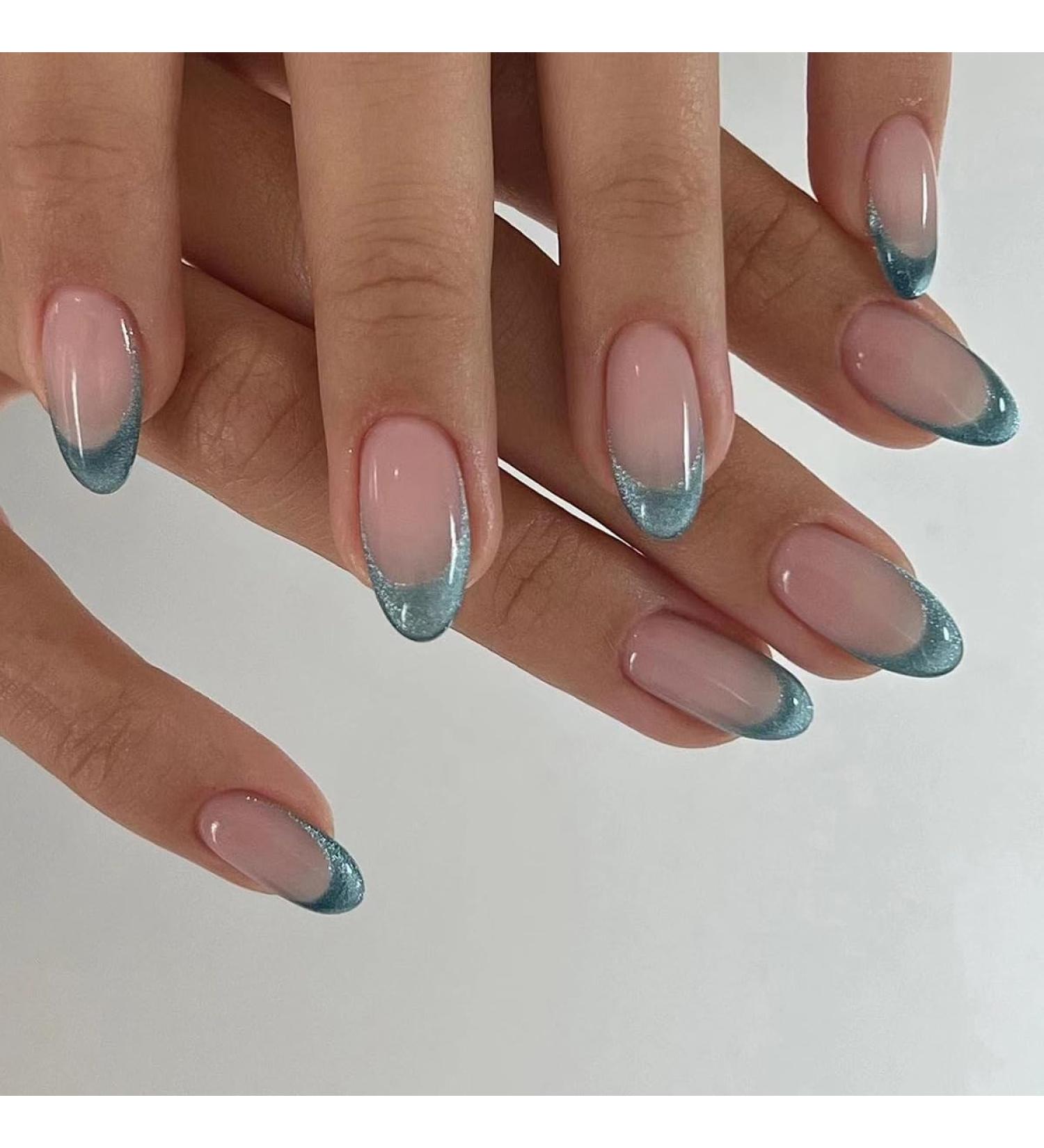 French Tip Press on Nails - Short Press On Nails with Nail Tips Simple dark green cat eye almond shaped false nails press on nails Acrylic False Nails Cute Artificial Nails - Buy Online on GoSupps.com