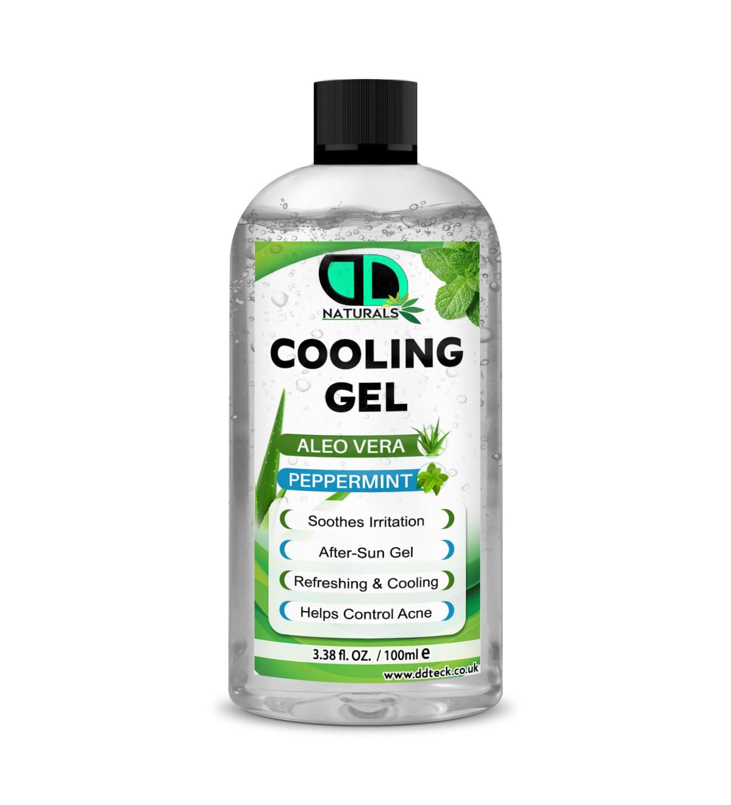 DD teck Cooling gel with aloe vera and peppermint for dry and irritated skin instant cooling moisturizes and soothes helps control acne relieves refreshing skin for