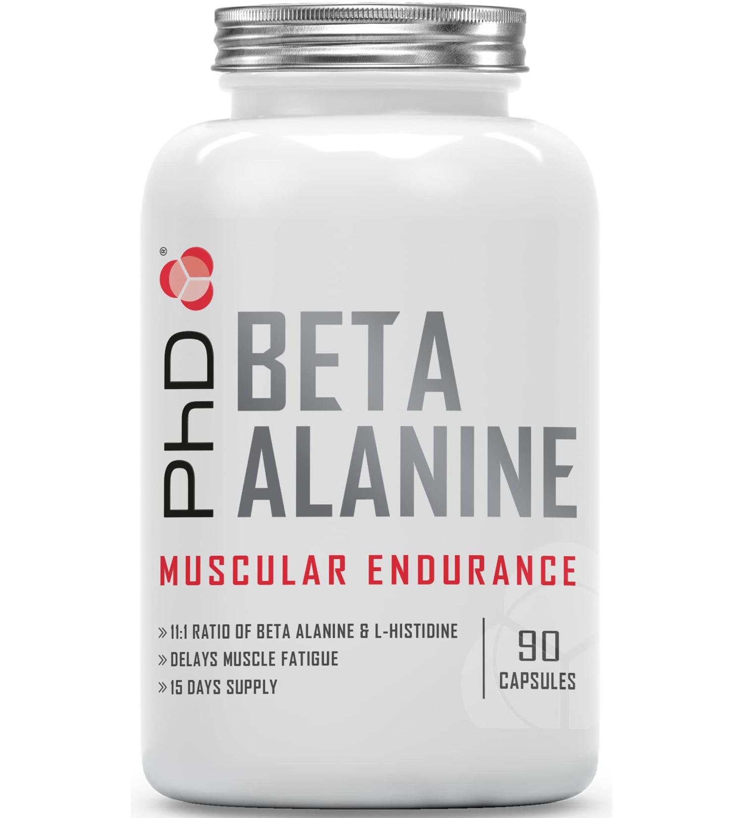 PhD Nutrition Beta Alanine & L-Histidine Supplement - Delays Muscle Fatigue, Boosts Athletic Performance - Vegan, Dairy-Free, Gluten-Free - 90 Capsules - Buy Online on GoSupps.com
