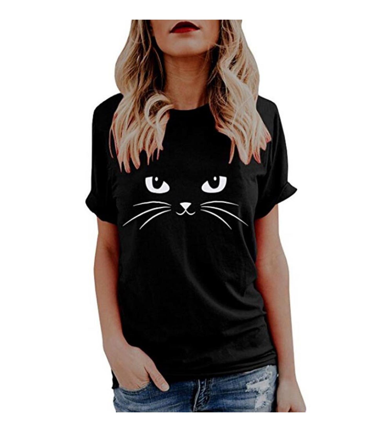 Xia&Han Women's Basic Print Tee O-Neck Shirts Turn Over Collar Short Sleeve Blouse Tunic Tops Pullover Small Black - Buy Online on GoSupps.com