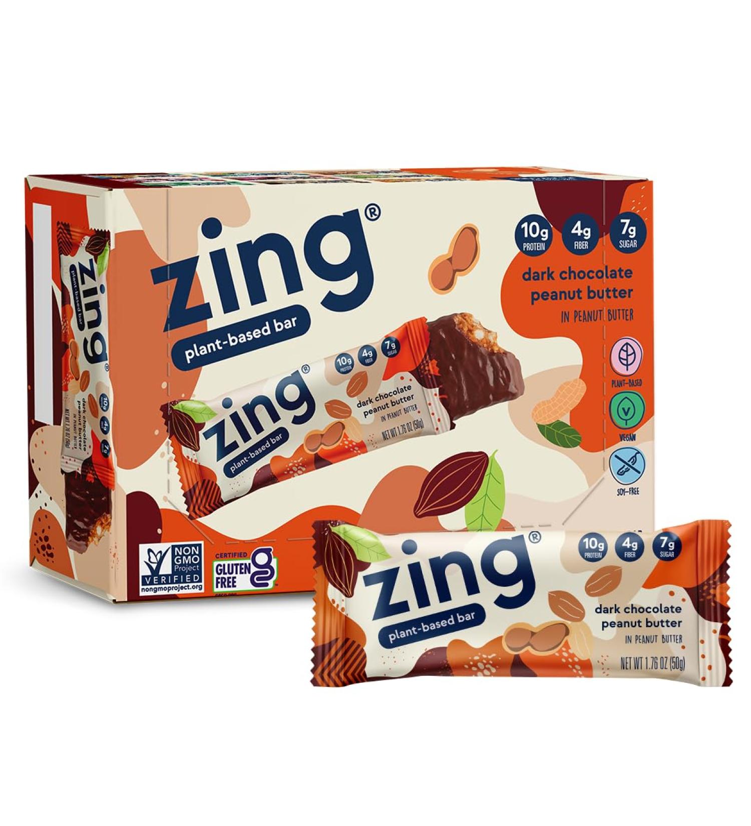 Zing Dark Chocolate Peanut Butter Vegan Protein Bars - Gluten Free High Protein & Fiber Dairy Free Low Sugar - 6 Count - Buy Online on GoSupps.com