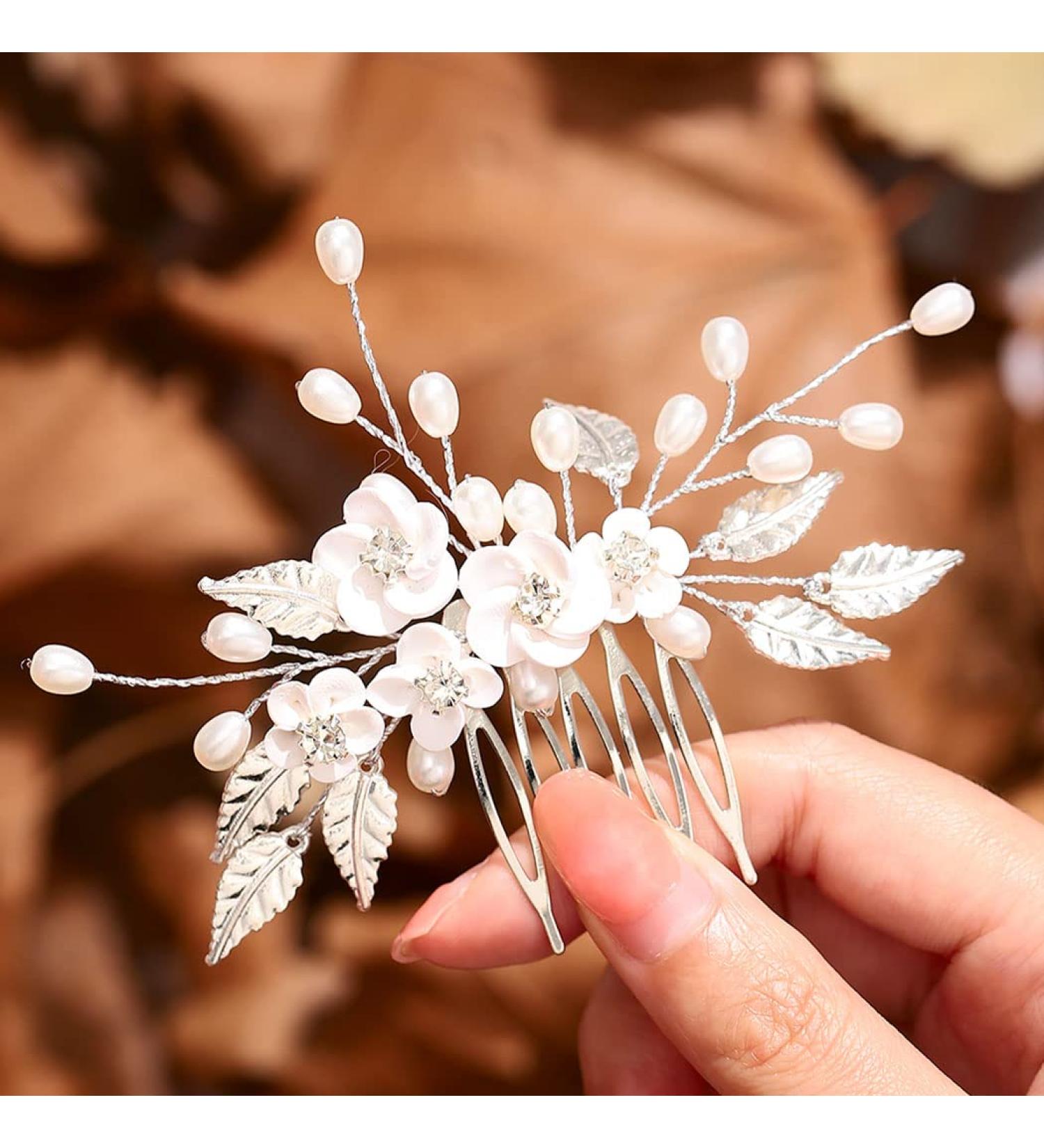 Edary Bride Wedding Hair Comb Silver Flower Headpiece Pearl Wedding Hair Clip Bridal Rhinestone Hair Accessories for Women and Girls - Buy Online on GoSupps.com