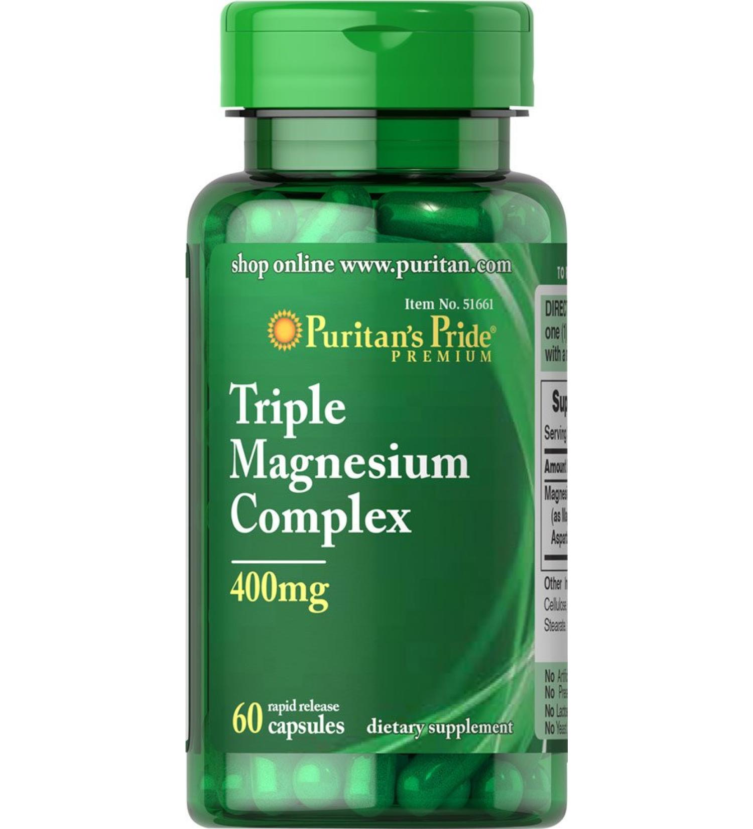Puritan's Pride Triple Magnesium Complex 400mg Rapid Release Capsules - 60 Count - Buy Online on GoSupps.com