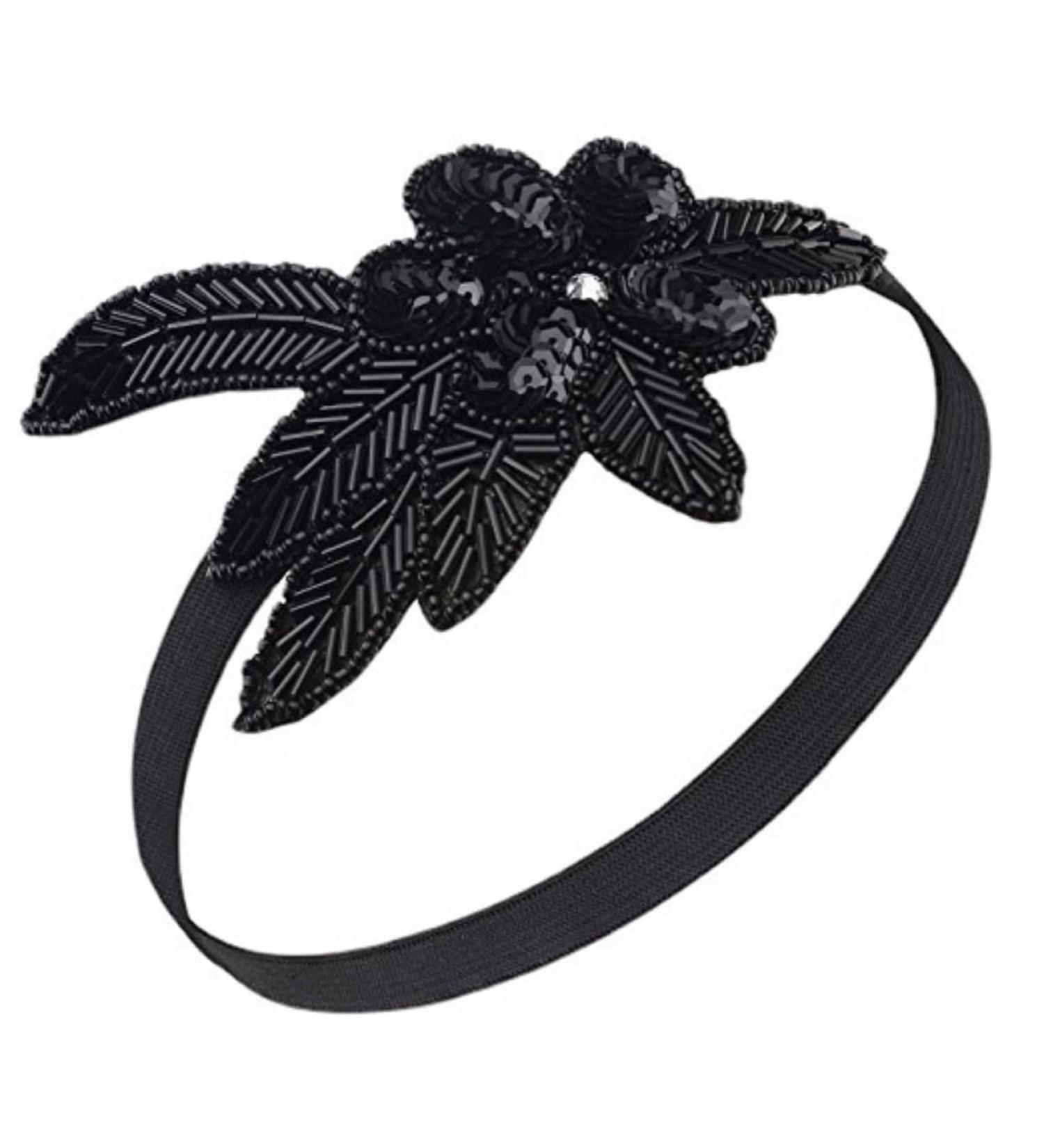 Retro Black 1920's Headband Gatsby Beaded Sequin Leaf Hair Band Boho Bridal Wedding Flapper Party - Buy Online on GoSupps.com