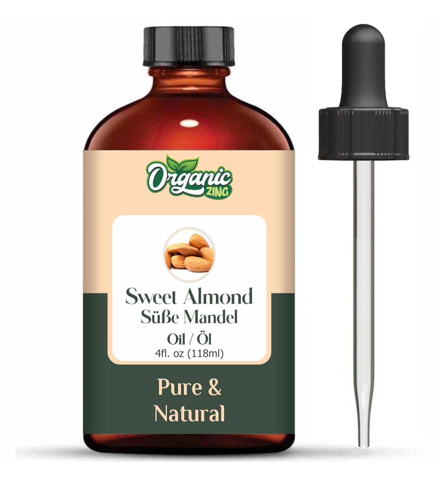  ORGANIC ZING Organic Zing Sweet Almond Oil | Pure & Natural Essential Oil for Skincare Hair Care & Massage - 118ml/4oz - Buy Online on GoSupps.com