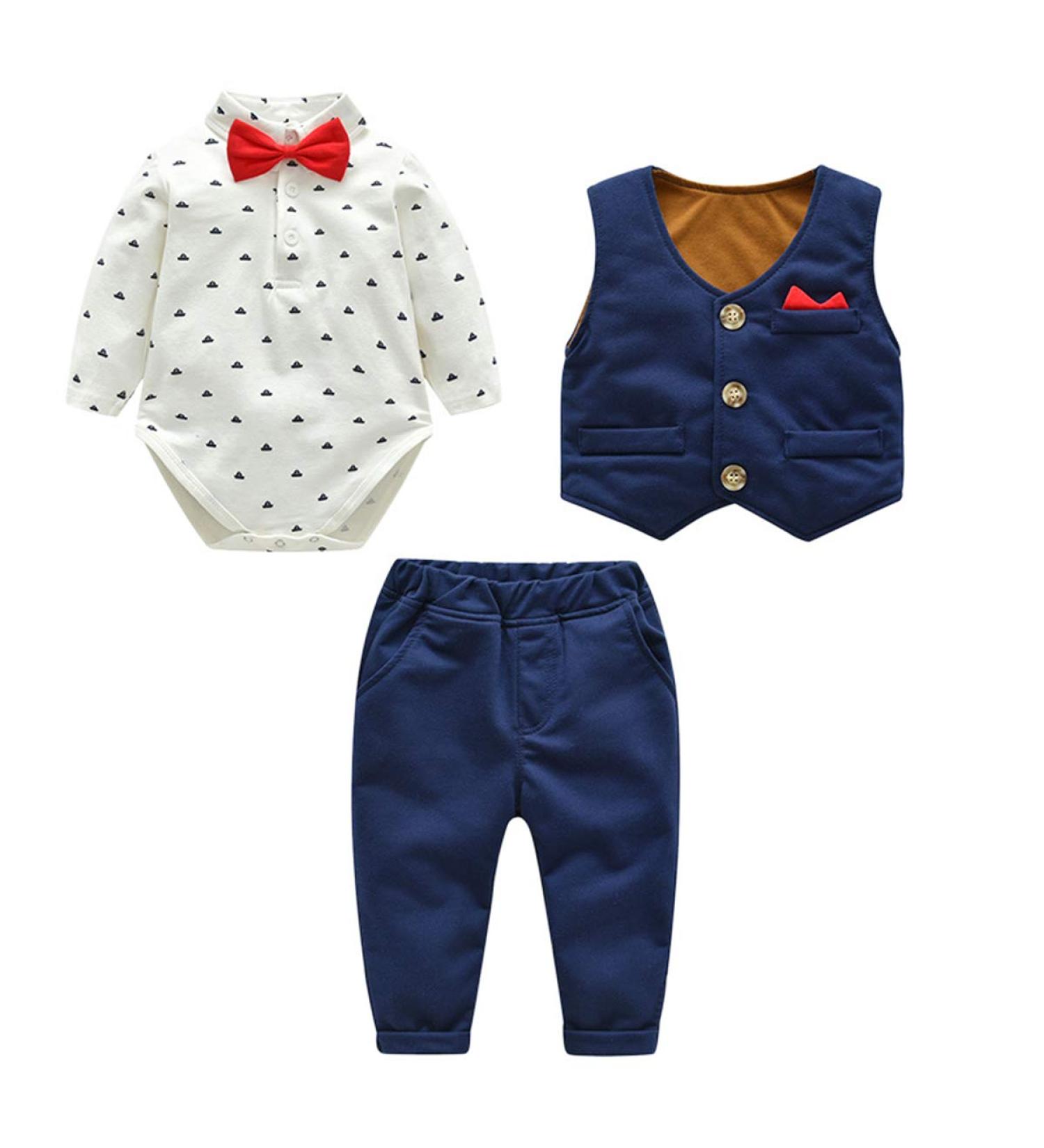 Famuka Baby Boy 3 Piece Formal Suit with Bows Waistcoat | Gentleman Tuxedo Navy | 1-9 Months - Buy Online on GoSupps.com